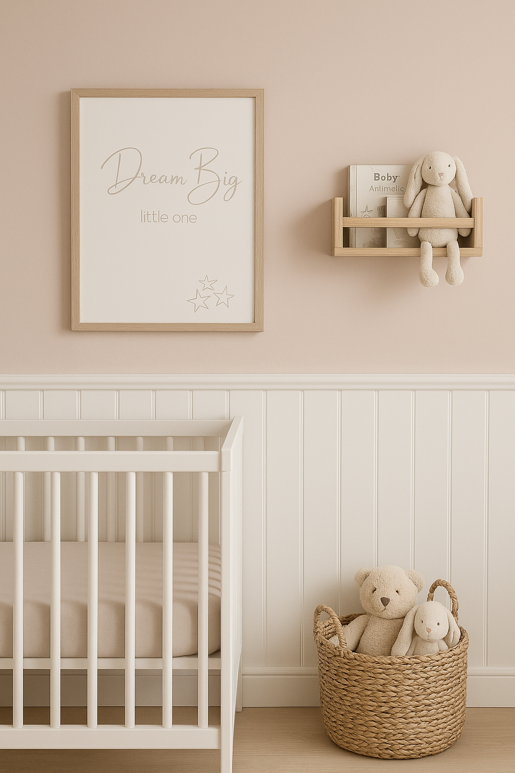 Dream Big Little One Nursery Wall Art in Pink, shown in Baby Girls Nursery