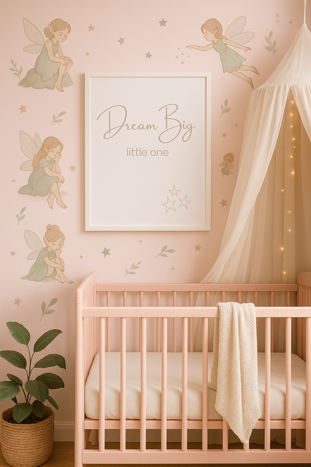 Dream Big Little One Wall Art in Blush, Shown in Nursery with Fairy wallpaper