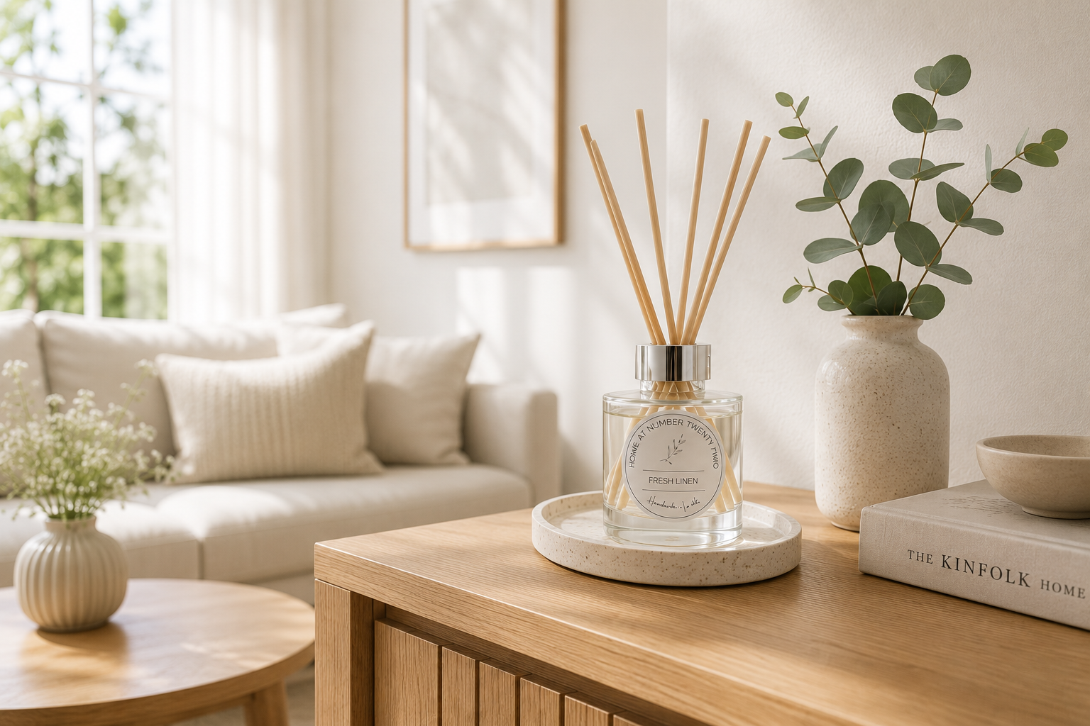 Fresh Linen Reed Diffuser styled in a neutral Scandinavian living room