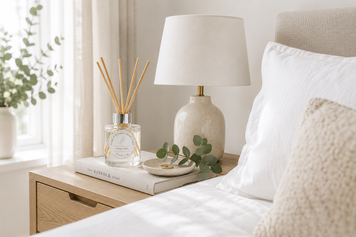 Fresh Linen Reed Diffuser styled on a bedside table in a modern minimalist bedroom