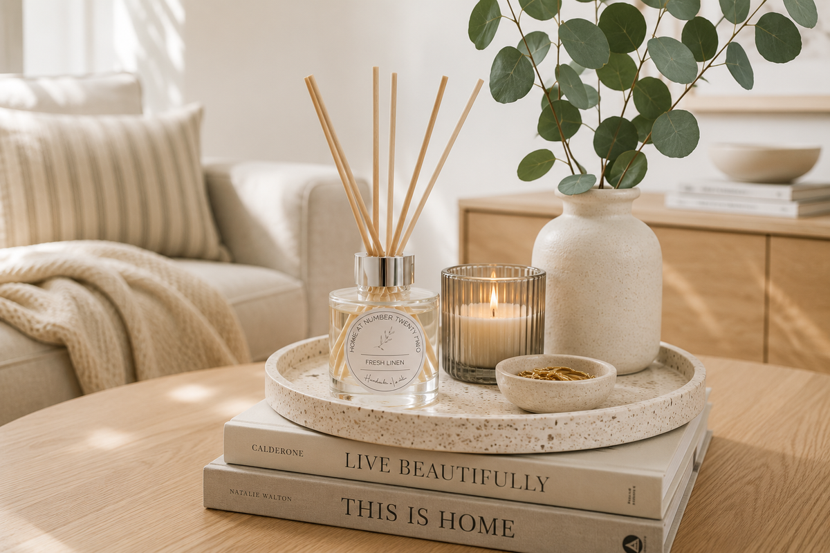 Luxury Fresh Linen Reed Diffuser bringing a fresh fragrance to a calm Scandinavian-inspired home