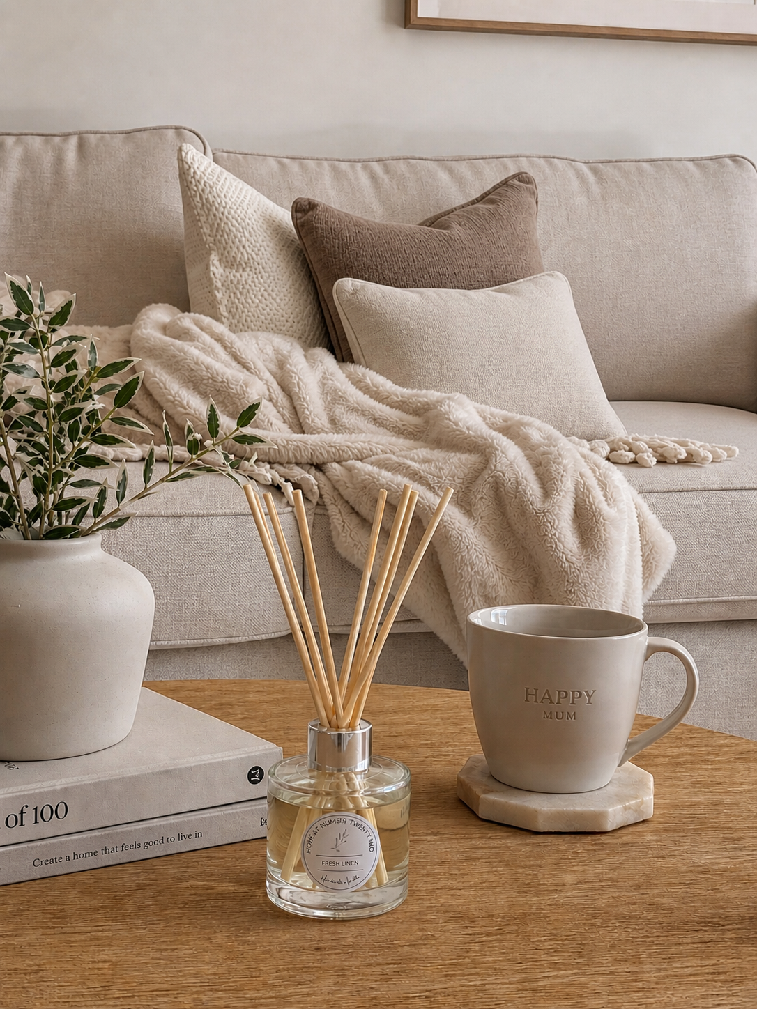 Luxury Fresh Linen Reed Diffuser bringing a fresh fragrance to a calm Scandinavian-inspired home