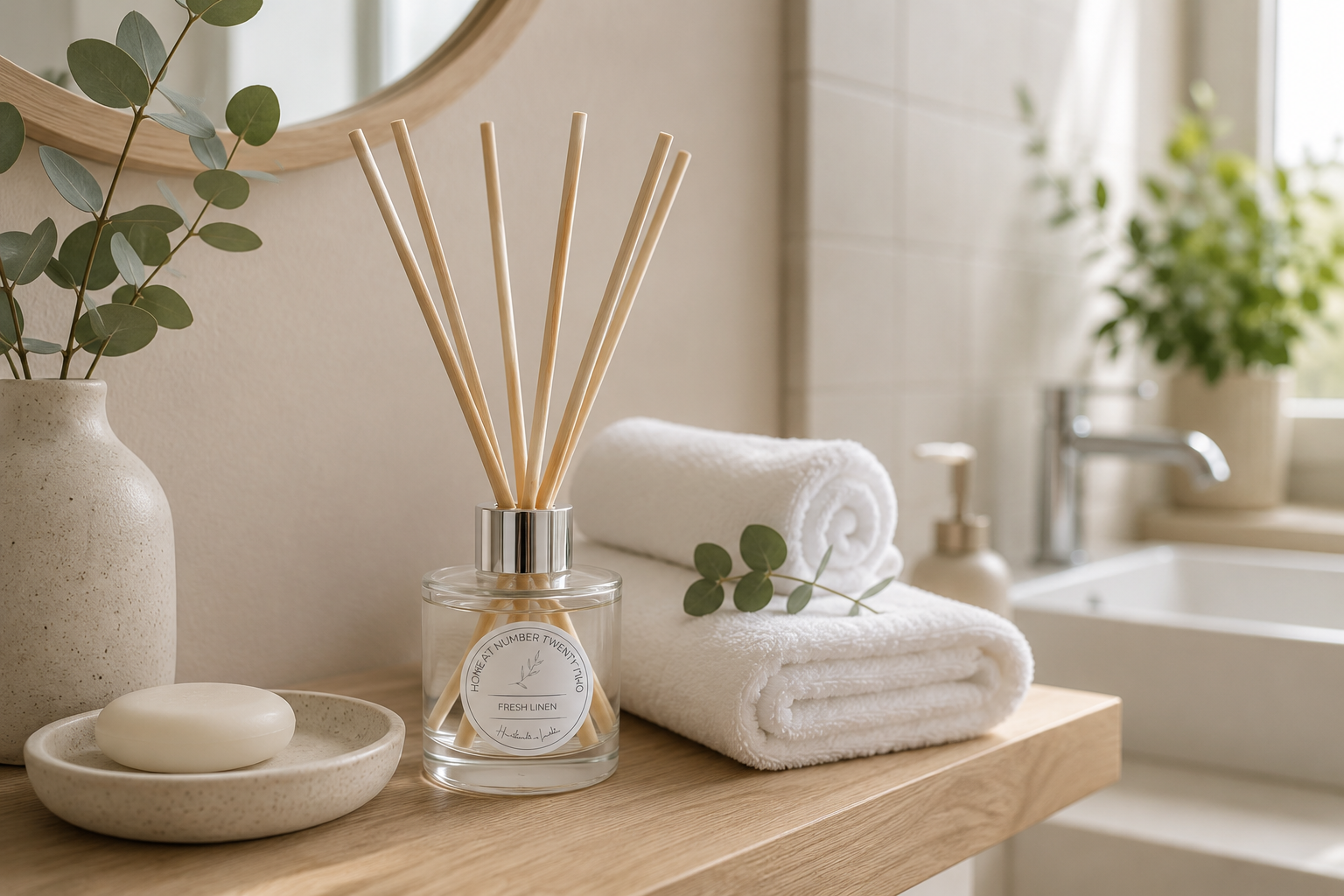Fresh Linen Reed Diffuser creating a clean, calming home fragrance in a neutral interior