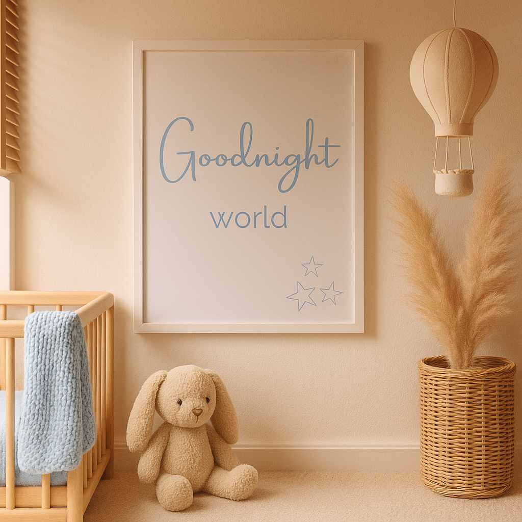 Goodnight World nursery wall art in pastel blue, shown in a nursery