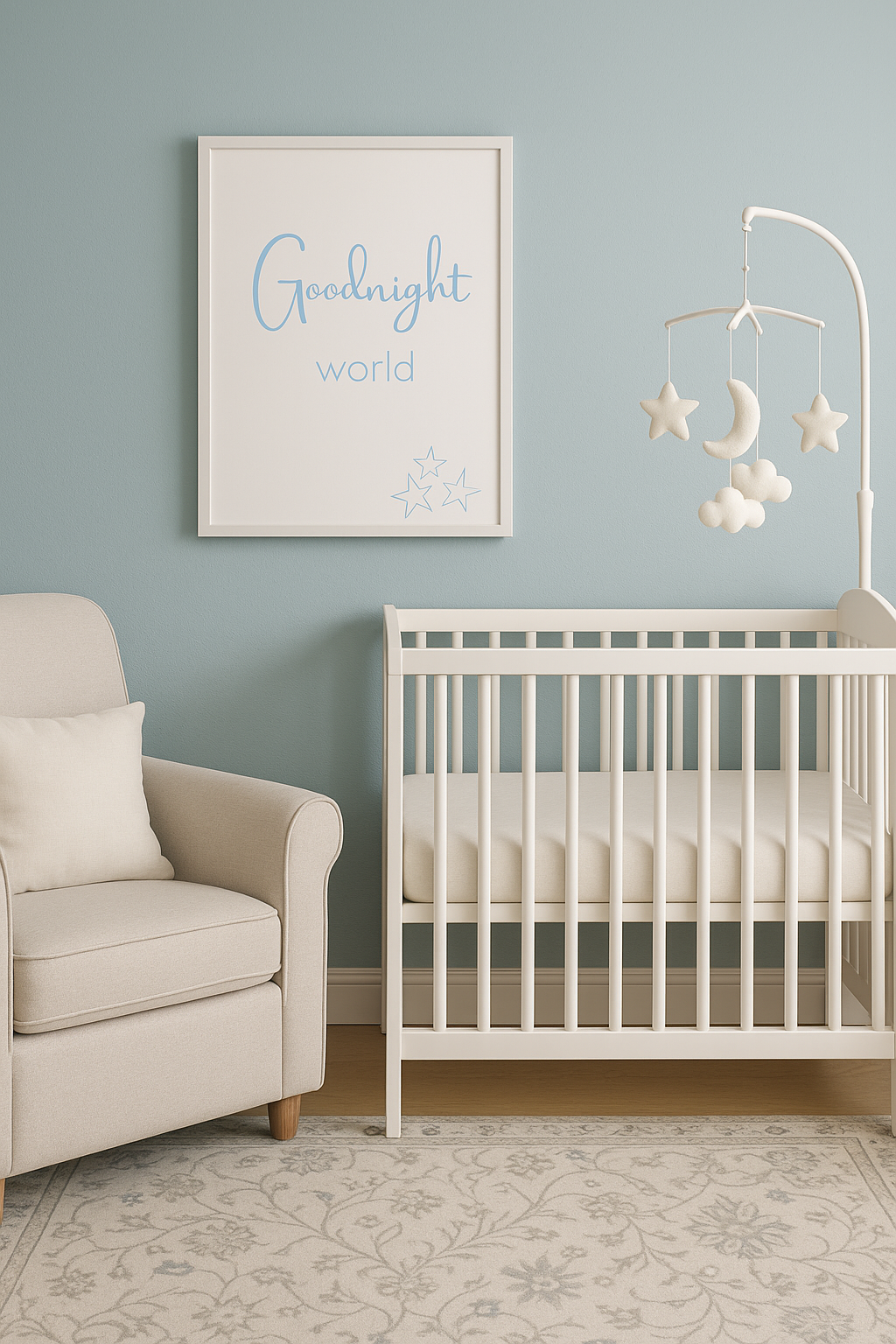 Goodnight World– Nursery Wall Art (Pastel Blue, Sage Green, Taupe)