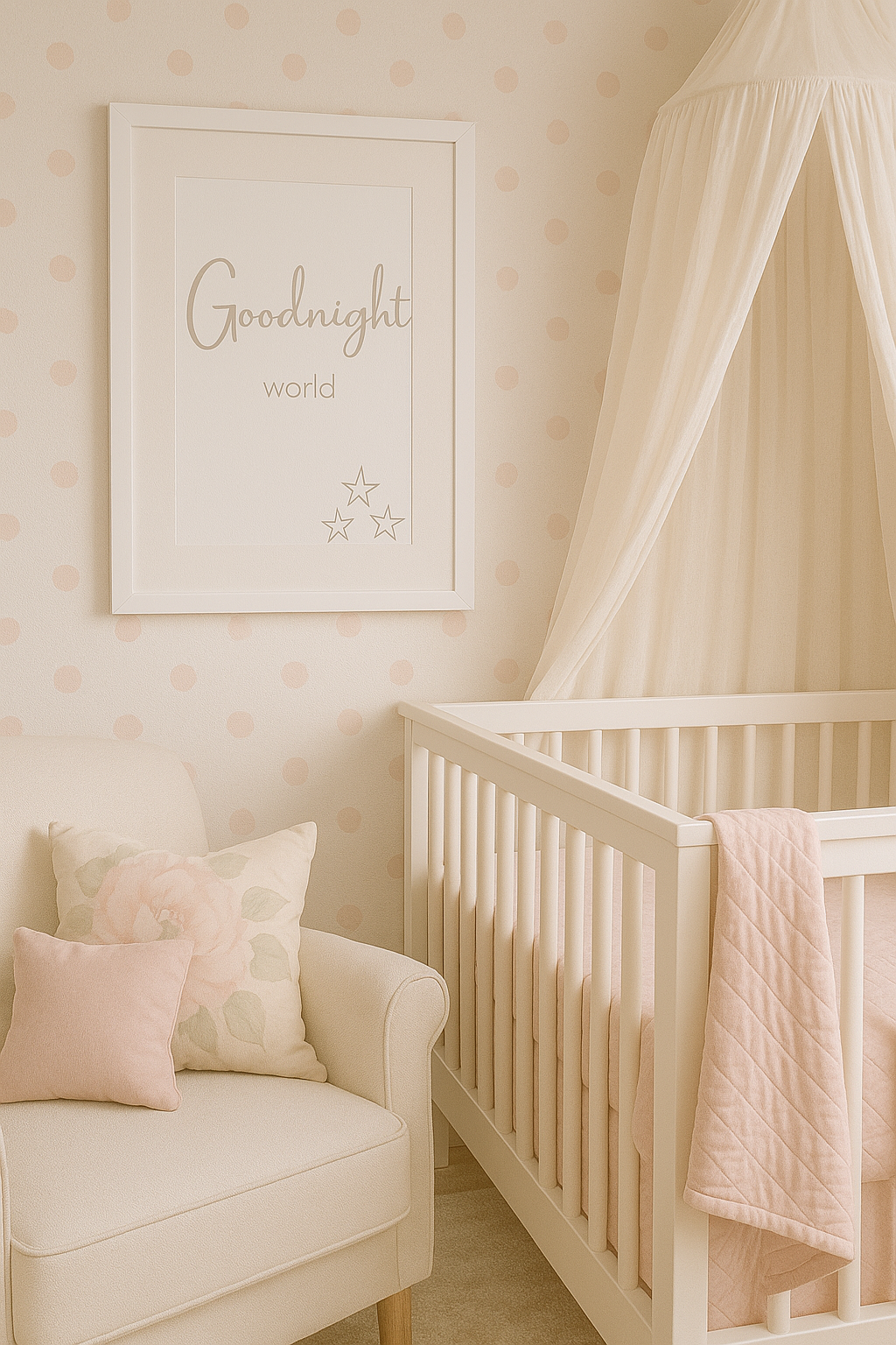 Goodnight World nursery wall art in taupe, shown above a cot