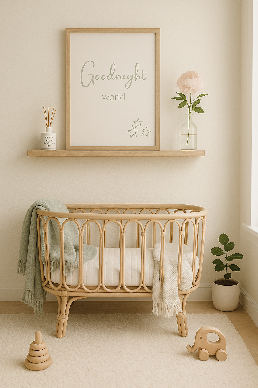 Goodnight World nursery wall art in sage green, shown above a cot