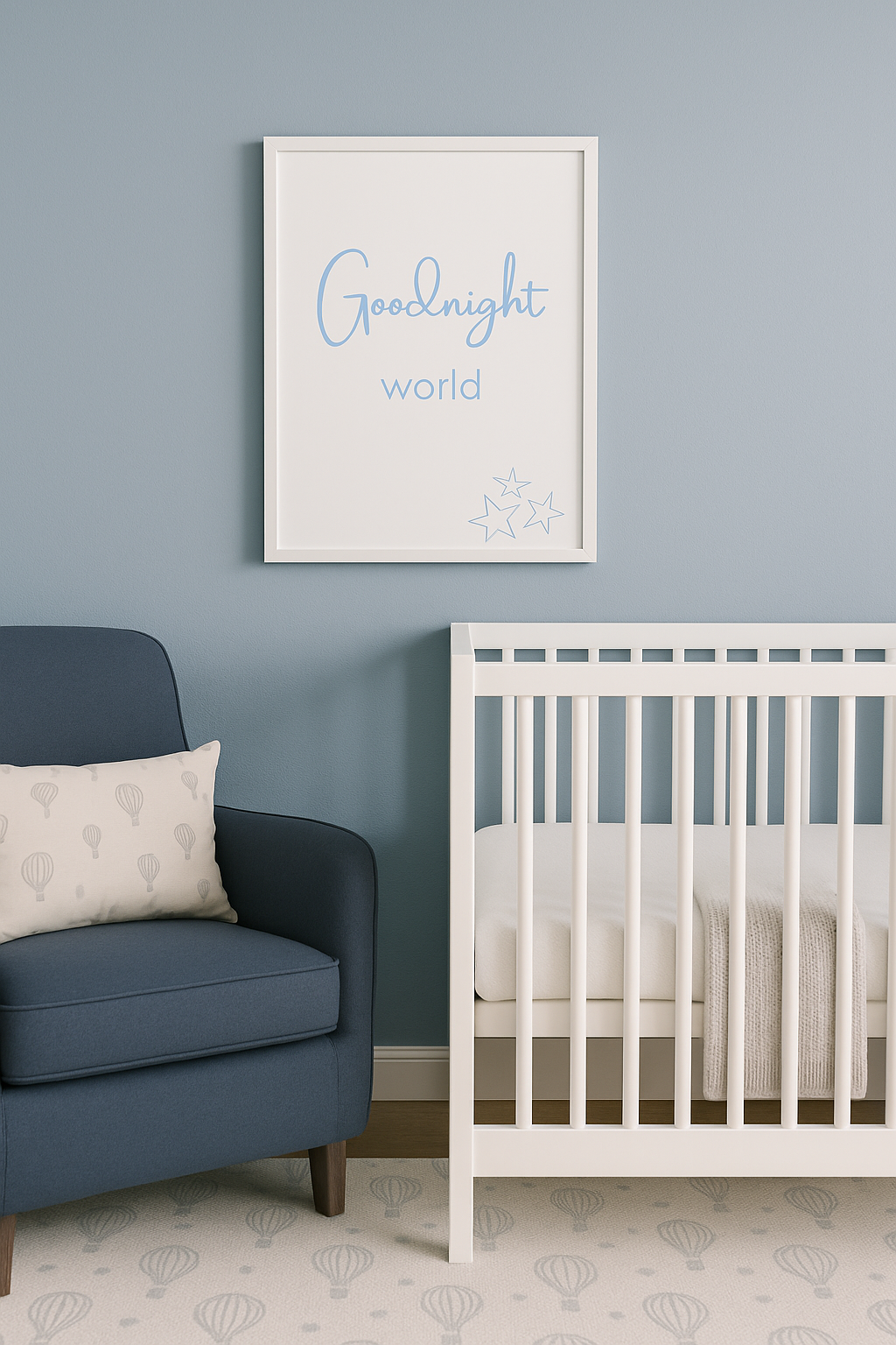 Goodnight World nursery wall art in pastel blue, shown above a cot