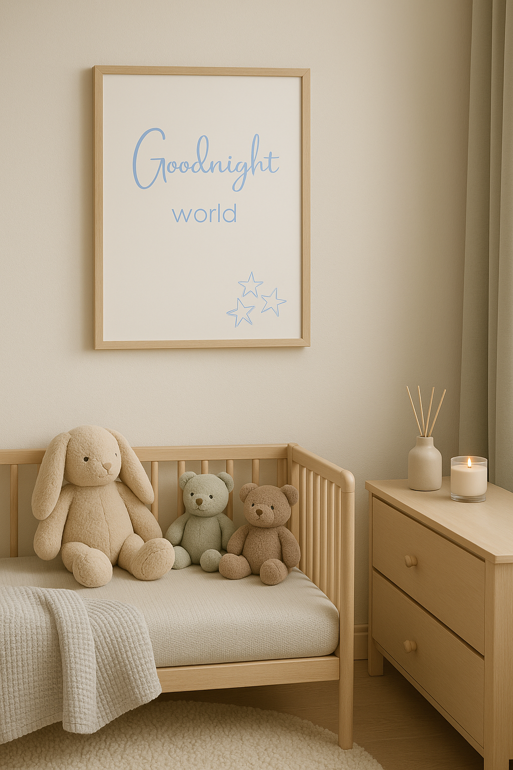 Goodnight World nursery wall art in pastel blue, shown above a cot