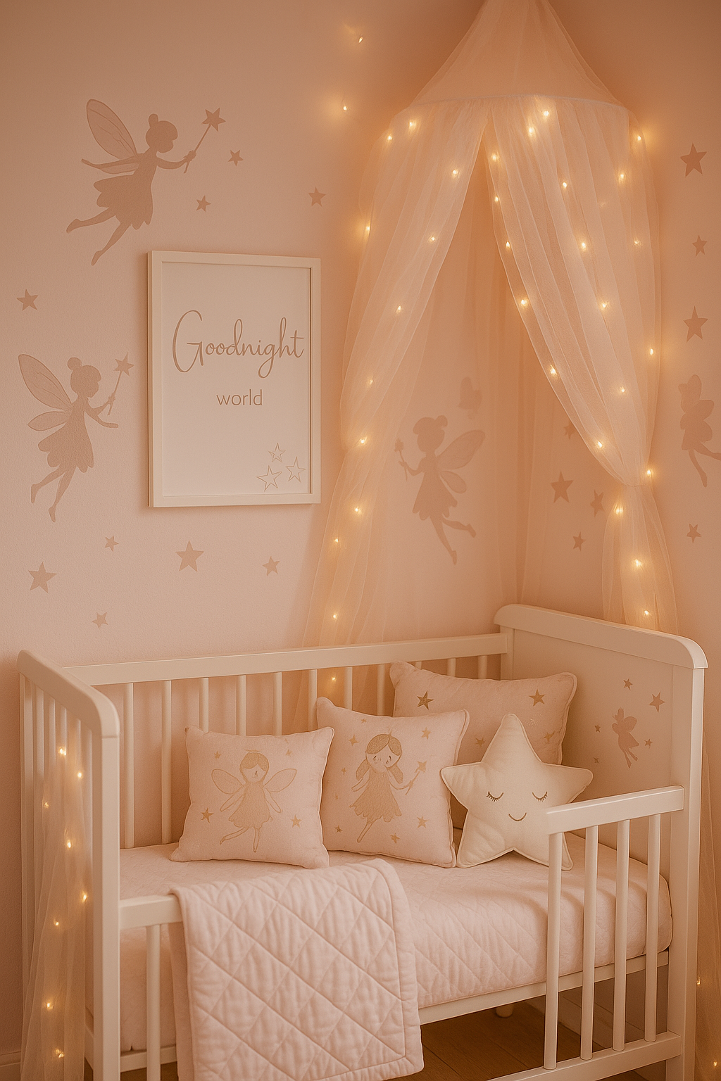 Goodnight World nursery wall art in taupe, shown above a cot with fairy wallpaper and fairy lights