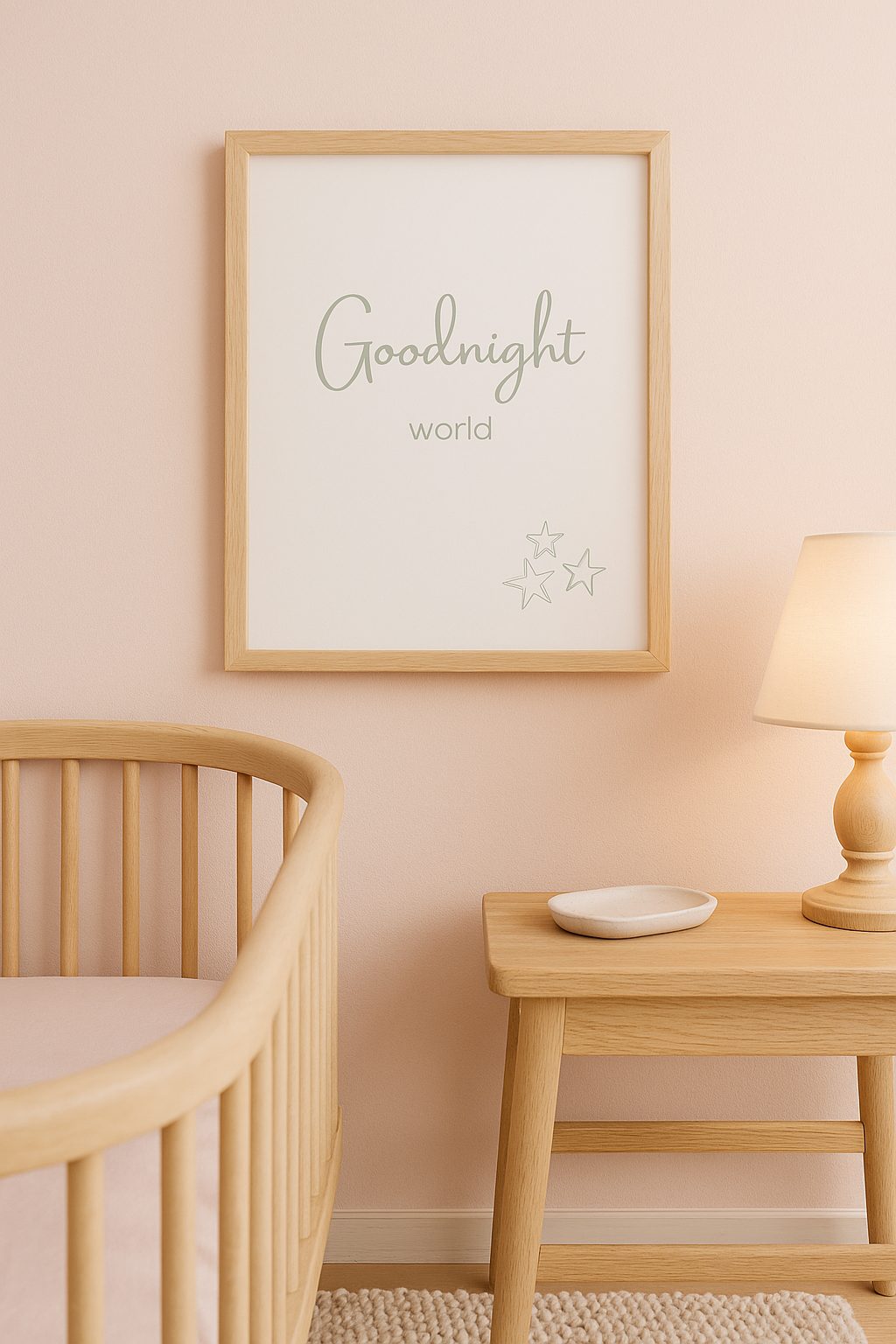 Goodnight World nursery wall art in sage green, shown above a cot