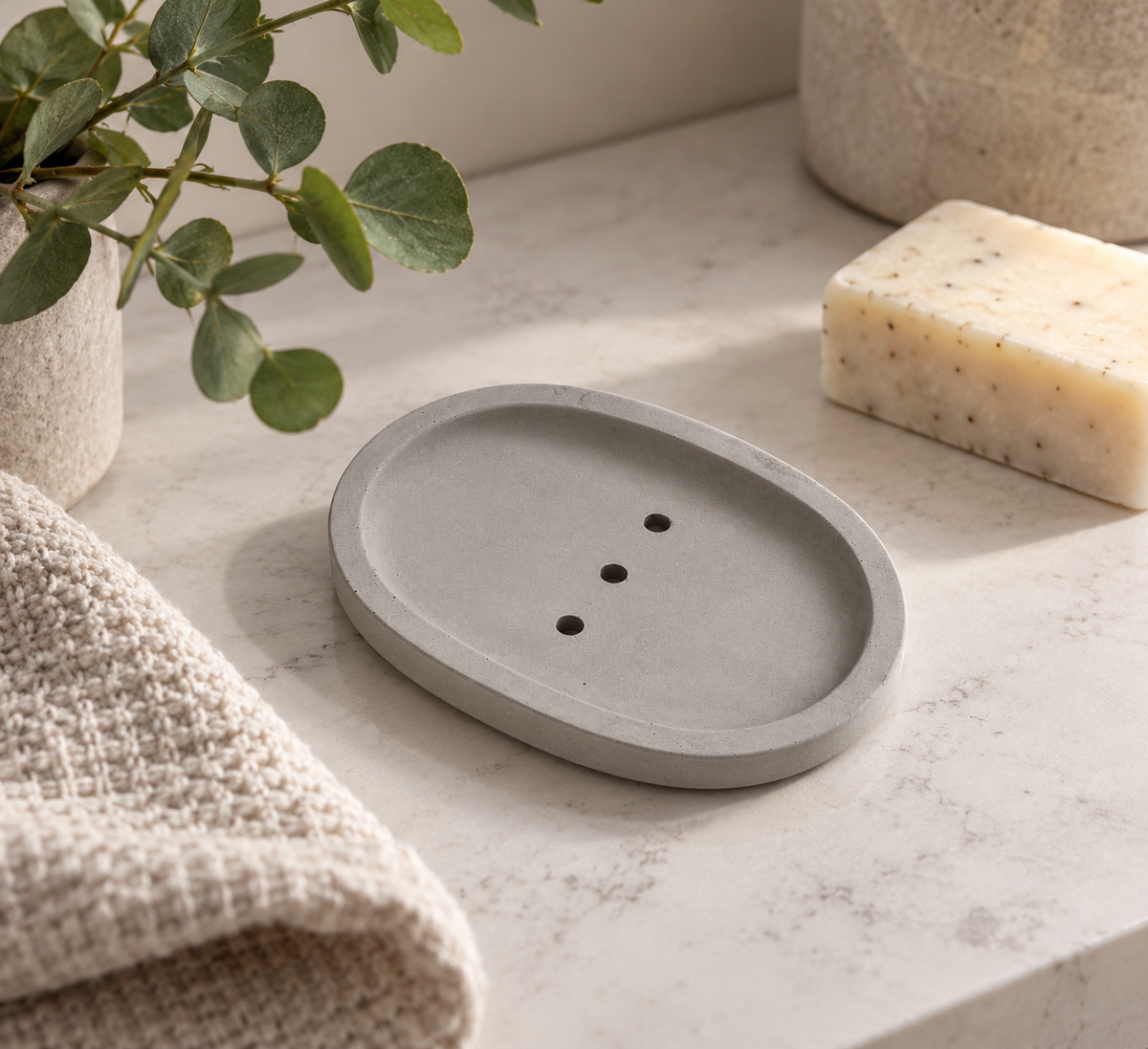 Grey handmade Jesmonite soap dish with three drainage holes styled with soap on a neutral bathroom countertop