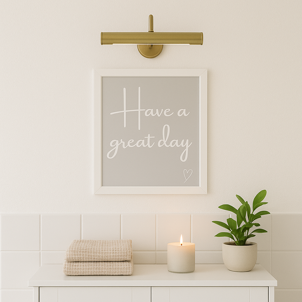 Have a Great Day wall art typography print in white calligraphy style font on a grey background and hand drawn style heart, shown in frame in a minimal interior setting
