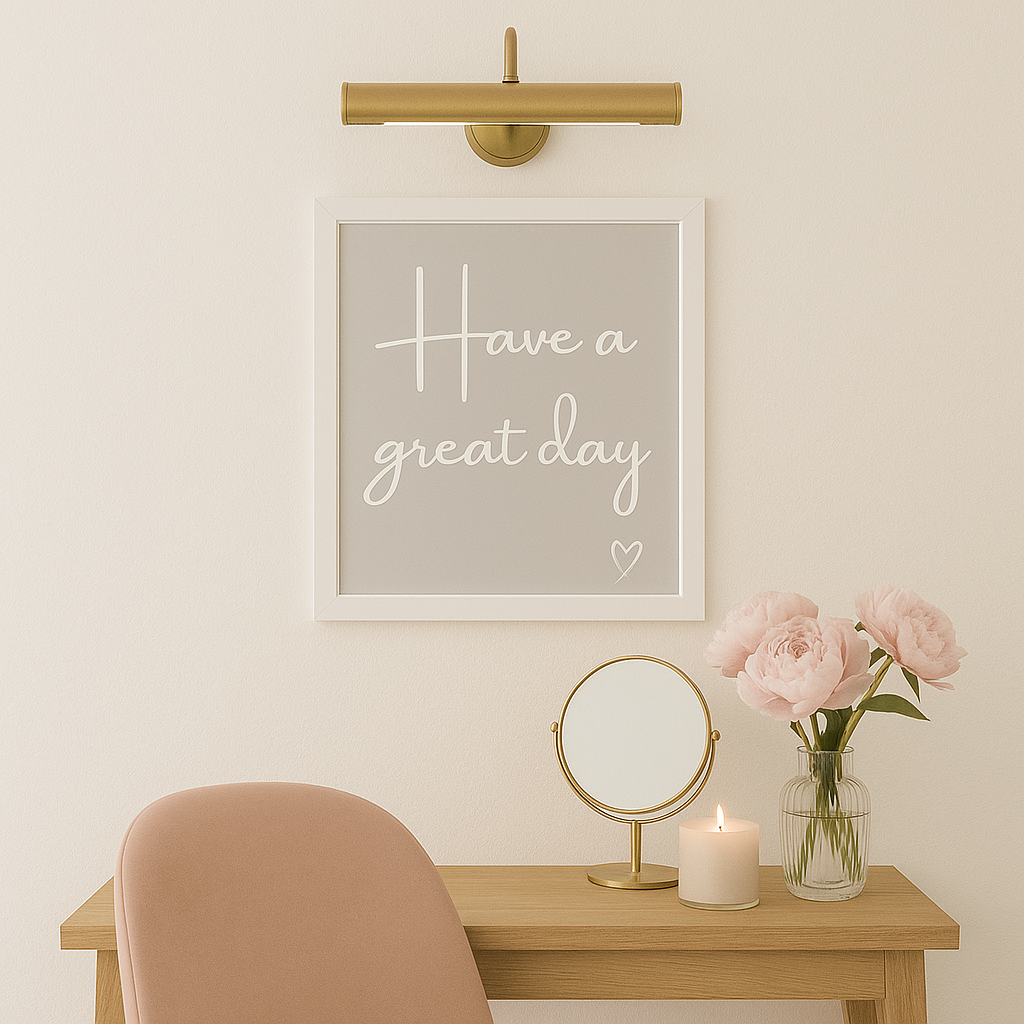 Have a Great Day wall art typography print in white calligraphy style font on a grey background and hand drawn style heart, shown in frame in a minimal interior setting