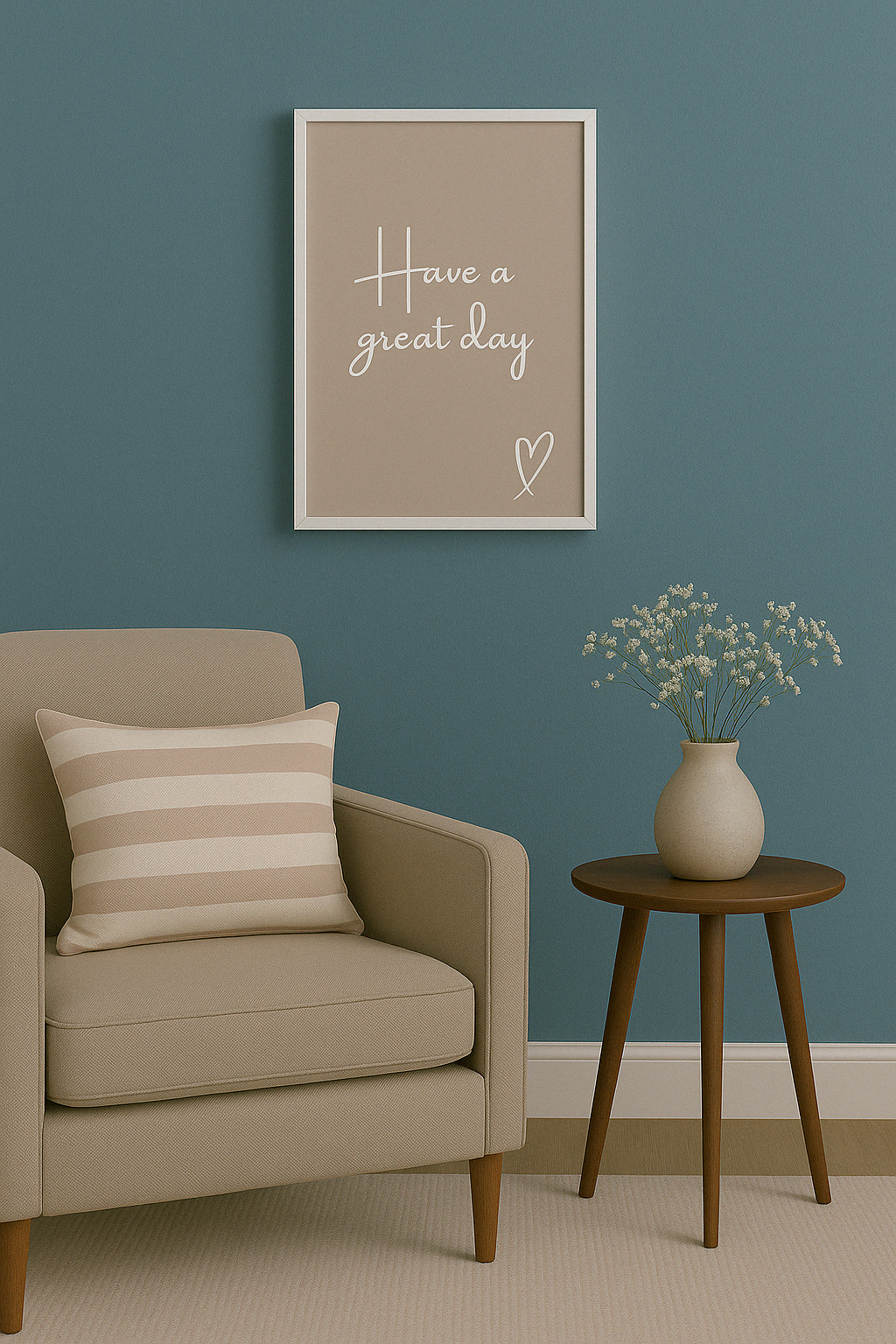 Have a Great Day wall art typography print in white calligraphy style font on a taupe background and hand drawn style heart, shown in frame in a minimal interior setting