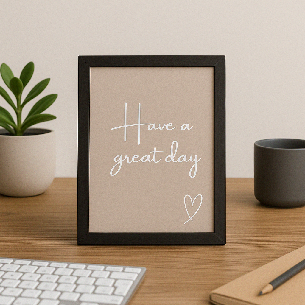 Have a Great Day wall art typography print in white calligraphy style font on a taupe background and hand drawn style heart, shown in frame in a minimal interior setting