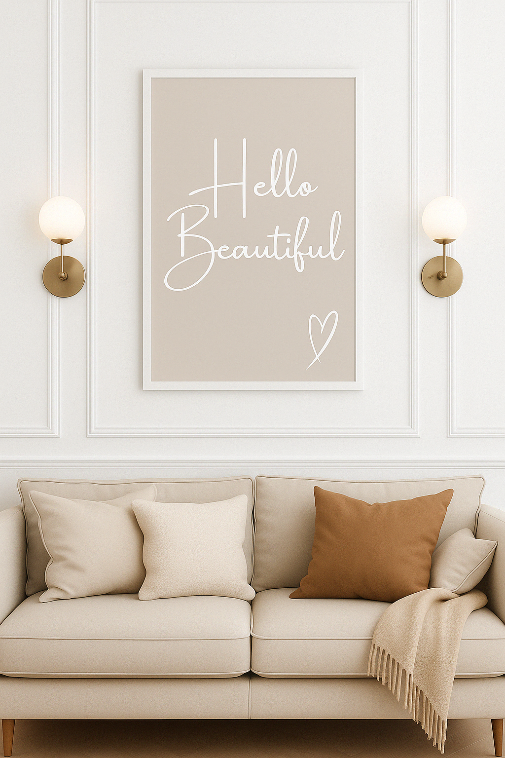 Hello Beautiful Calm Typography Wall Art in Taupe with white writing and white hand-drawn style heart, styled in modern, neutral living room