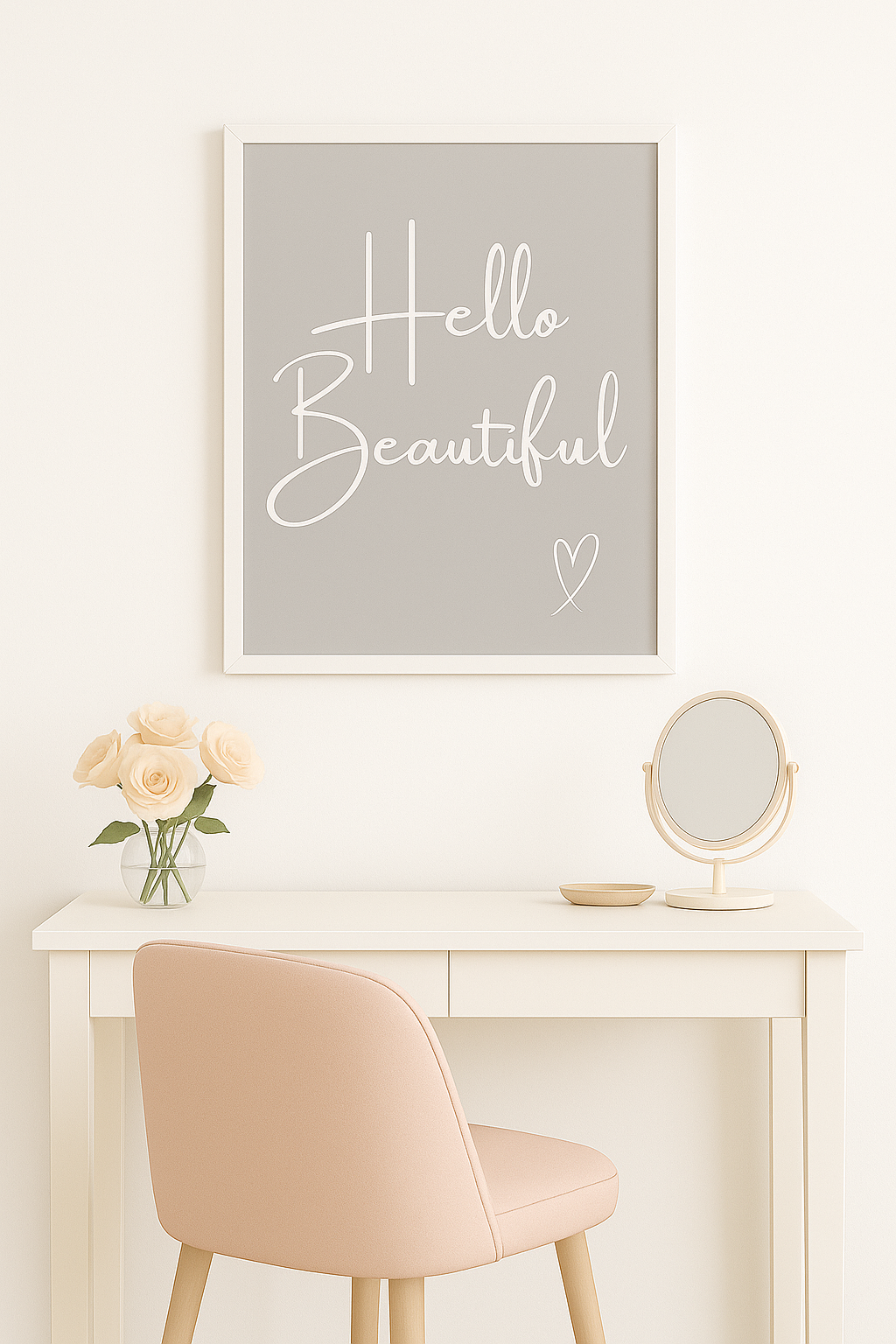 Hello Beautiful Calm Typography Wall Art in Grey with white writing and white hand-drawn style heart, styled in modern, neutral dressing room
