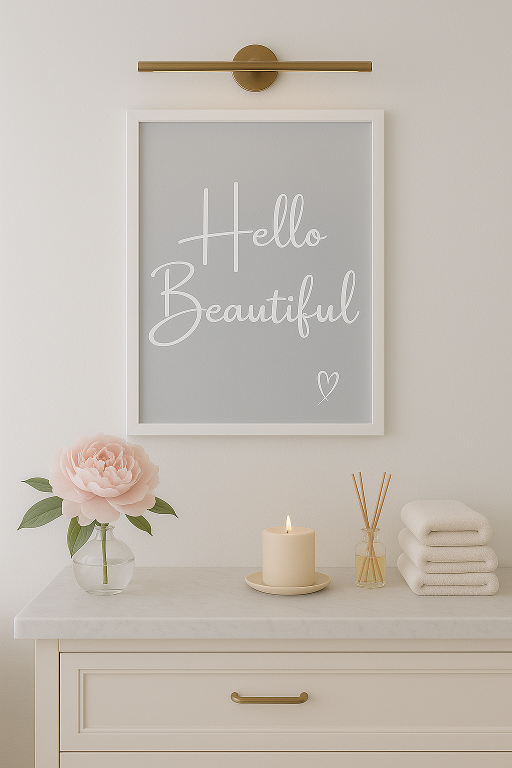 Hello Beautiful Calm Typography Wall Art in Grey with white writing and white hand-drawn style heart, styled in modern, neutral bathroom
