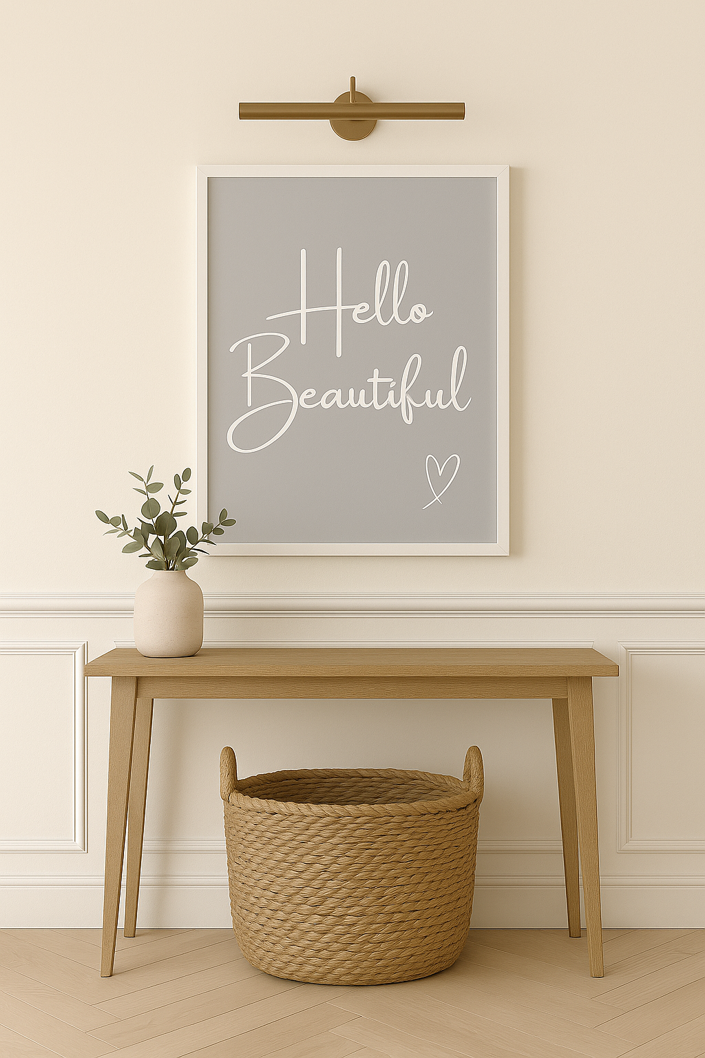 Hello Beautiful Calm Typography Wall Art in Grey with white writing and white hand-drawn style heart, styled in modern, neutral hallway