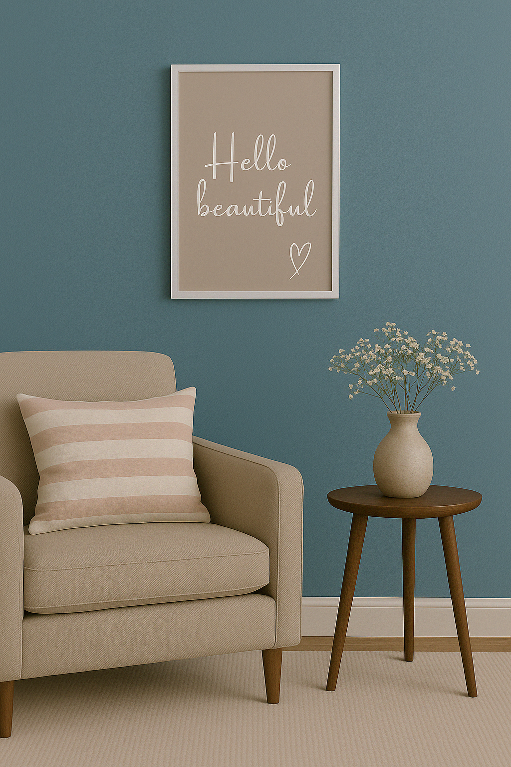 Hello Beautiful Calm Typography Wall Art in Taupe with white writing and white hand-drawn style heart, styled in modern, neutral lounge