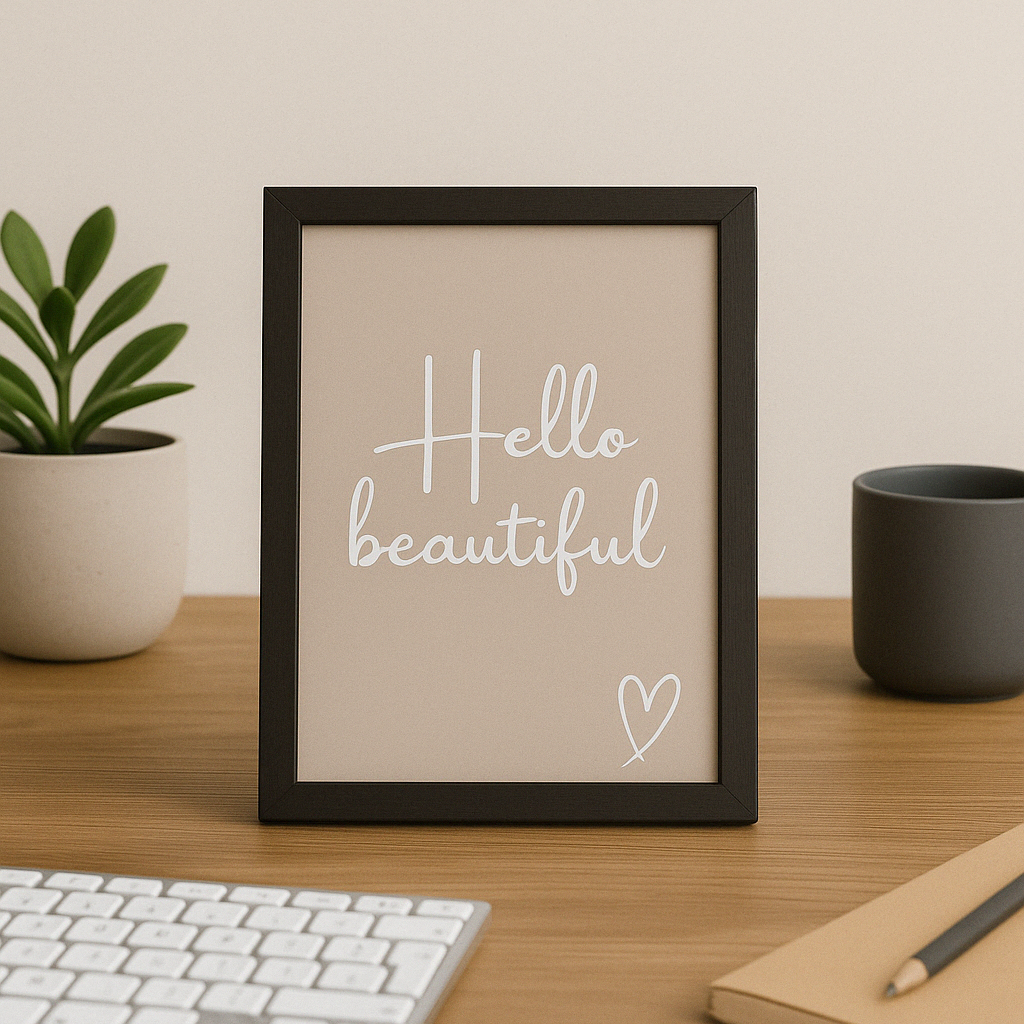 Hello Beautiful Calm Typography Wall Art in Taupe with white writing and white hand-drawn style heart, styled in modern, neutral home office