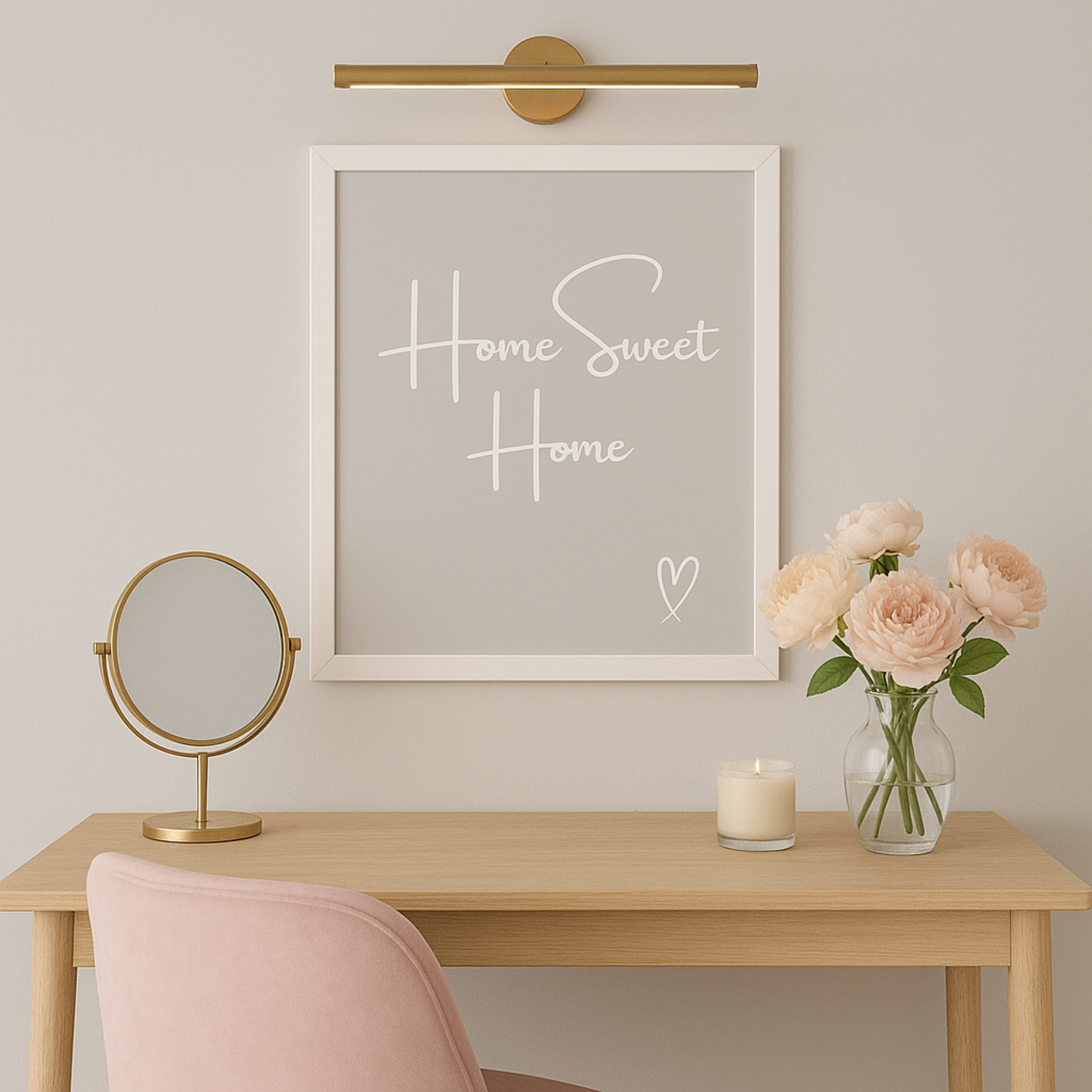 Home Sweet Home Typography Print in white calligraphy style font with a white hand-drawn heart on a grey background