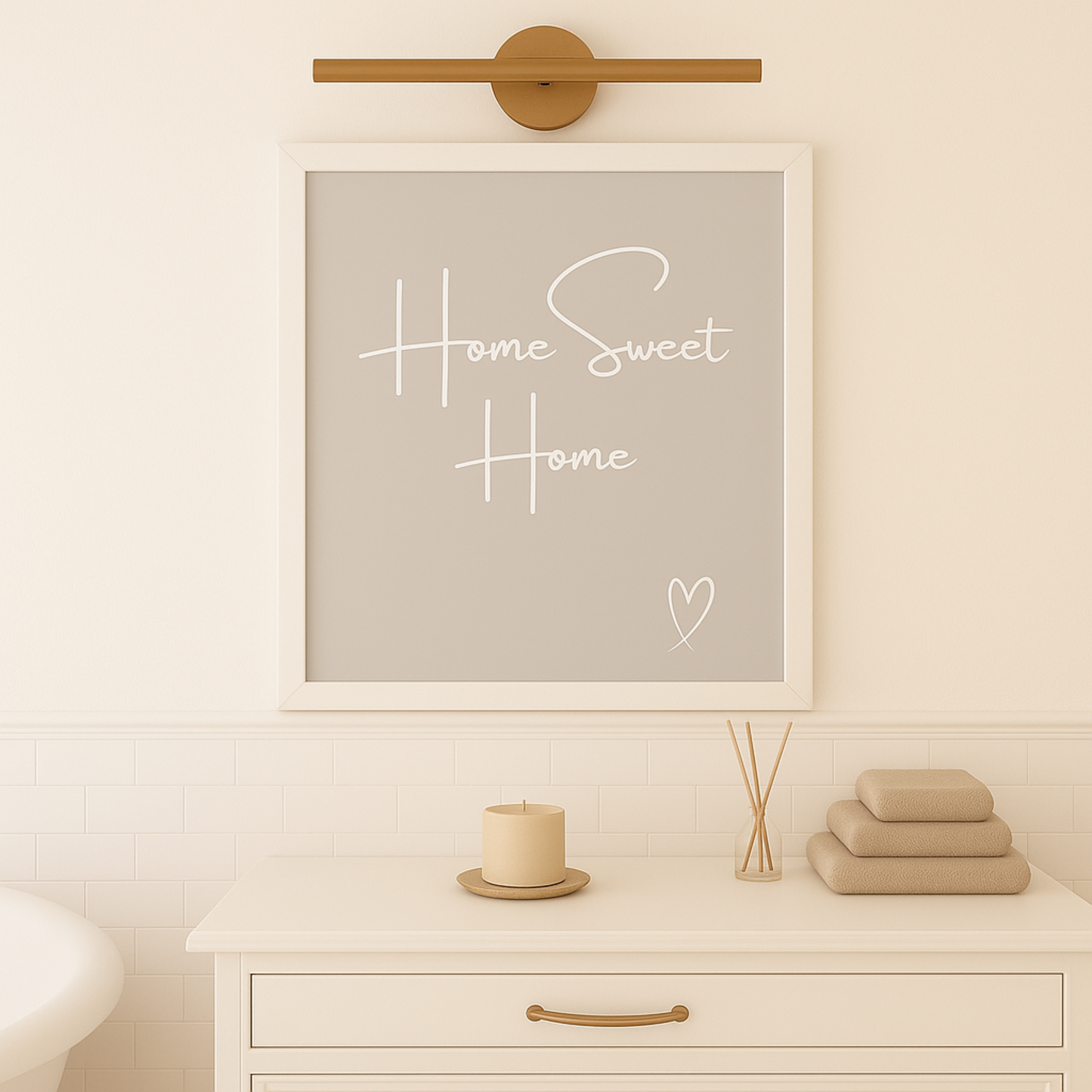 Home Sweet Home Typography Print in white calligraphy style font with a white hand-drawn heart on a grey background