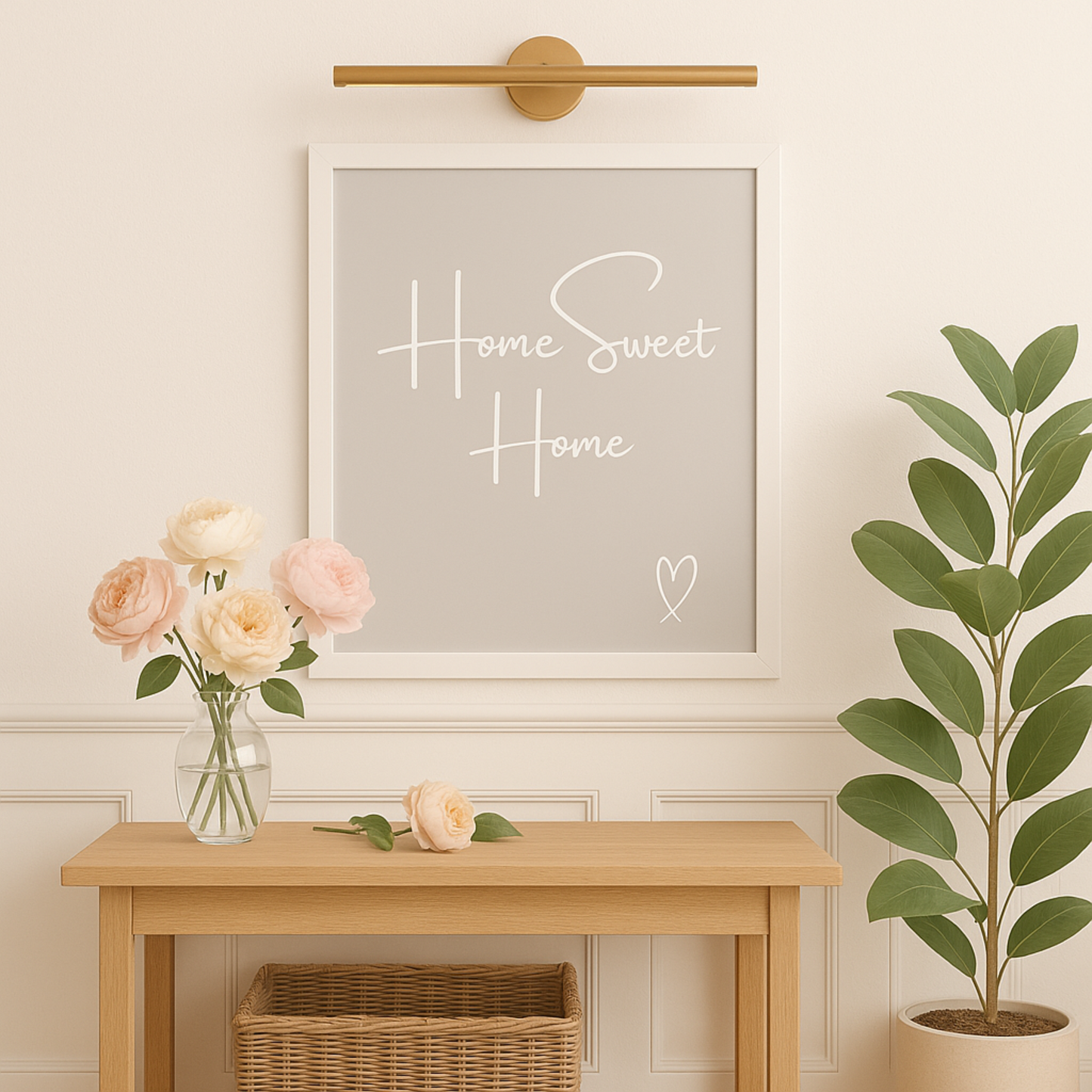 Home Sweet Home Typography Print in white calligraphy style font with a white hand-drawn heart on a grey background