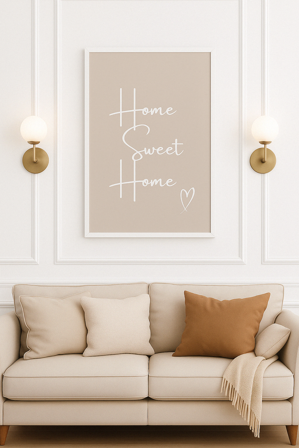Home Sweet Home Typography Print in white calligraphy style font with a white hand-drawn heart on a taupe background
