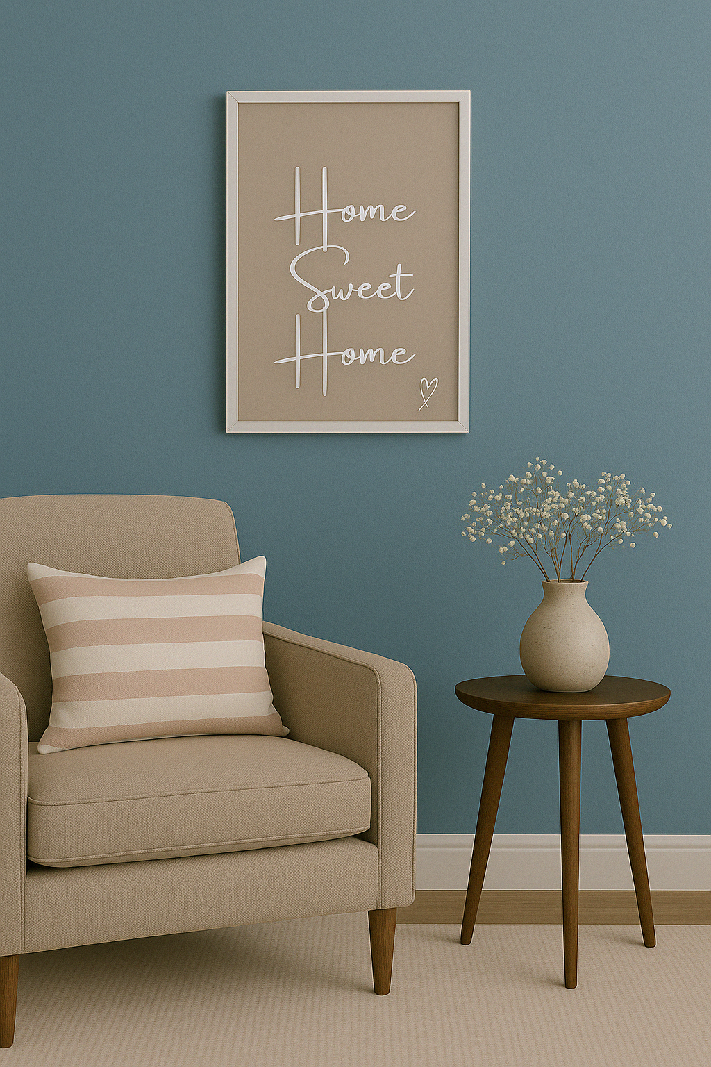 Home Sweet Home Typography Print in white calligraphy style font with a white hand-drawn heart on a taupe background