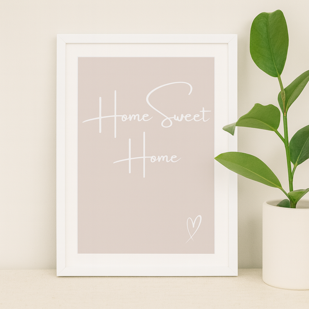 Home Sweet Home Typography Print in white calligraphy style font with a white hand-drawn heart on a taupe background