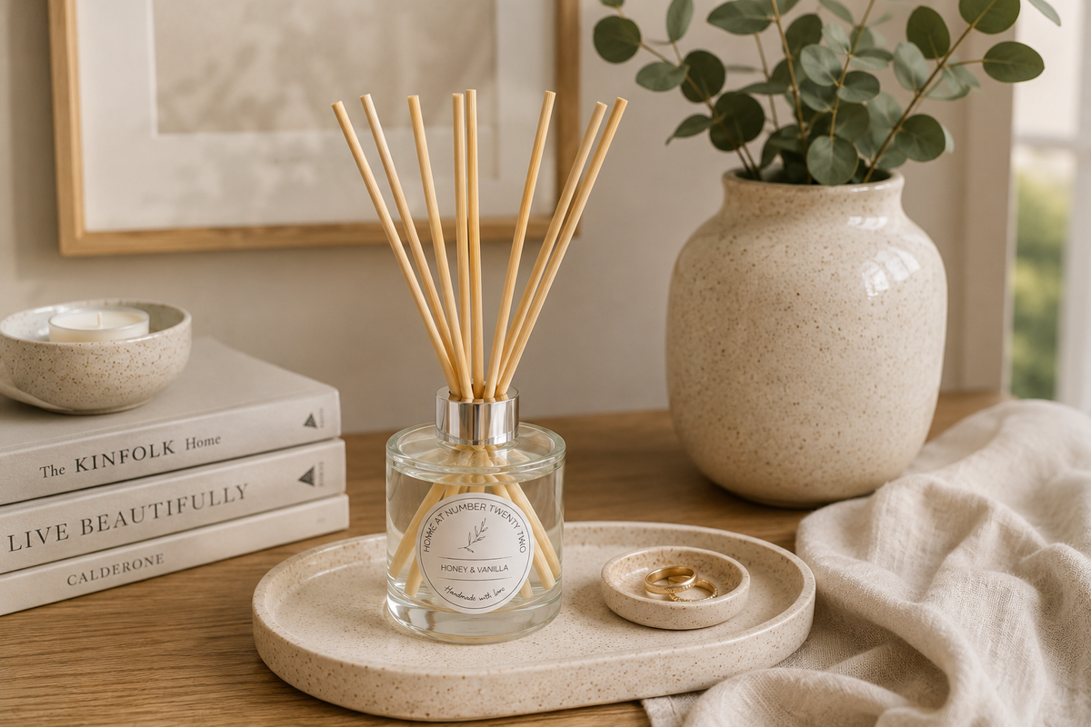 Honey & Vanilla Reed Diffuser styled on a coffee table in a modern living room, bringing warm and luxurious fragrance to your home.