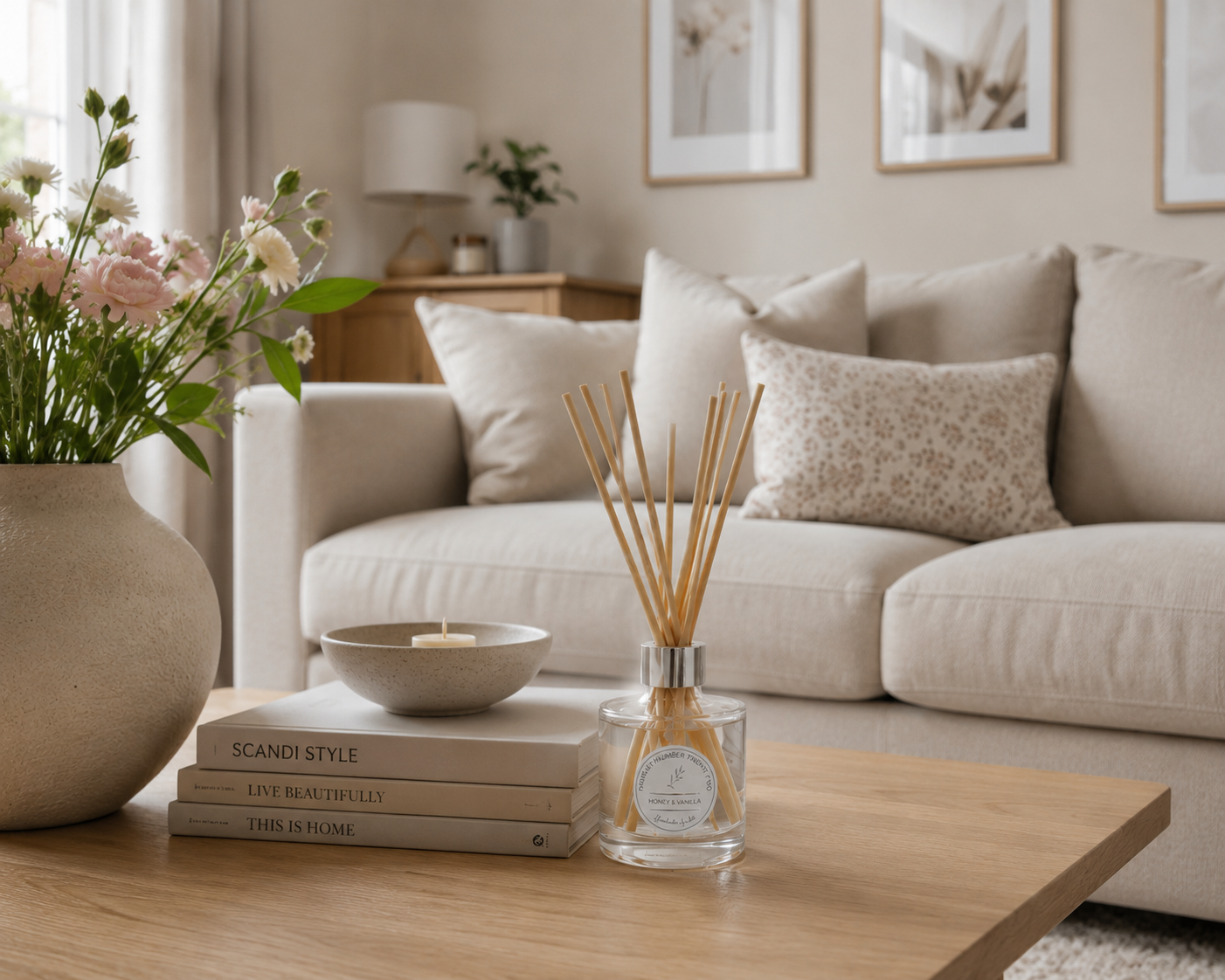 Luxury Honey & Vanilla Reed Diffuser with handcrafted home accessories, perfect for creating a warm and welcoming Scandinavian-inspired interior.