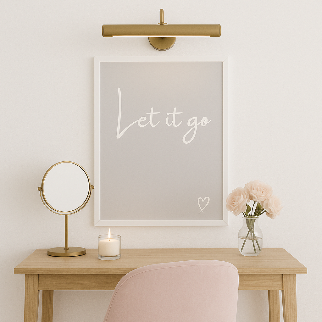 Let It Go Calm Typography Wall Art in Grey, with white calligraphy style writing and white hand-drawn style heart, styled in a calm home office