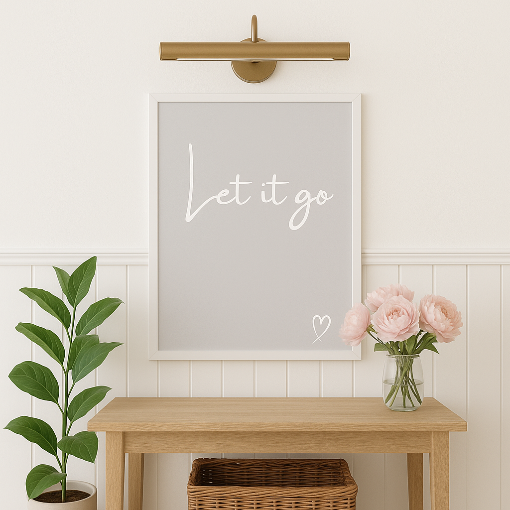 Let It Go Calm Typography Wall Art in Grey, with white calligraphy style writing and white hand-drawn style heart, styled in a calm hallway