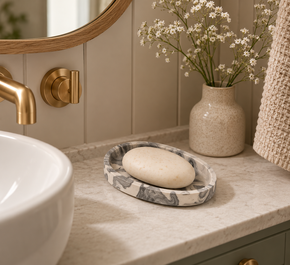 Oval handmade marble effect soap dish beside a bathroom sink on a neutral stone countertop