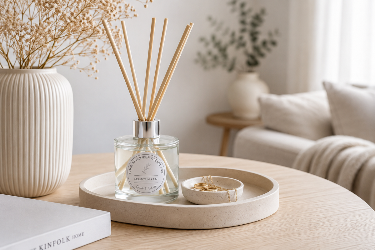 Mountain Rain Reed Diffuser on a decorative tray in a bright living room, luxury handmade home fragrance for modern interiors.