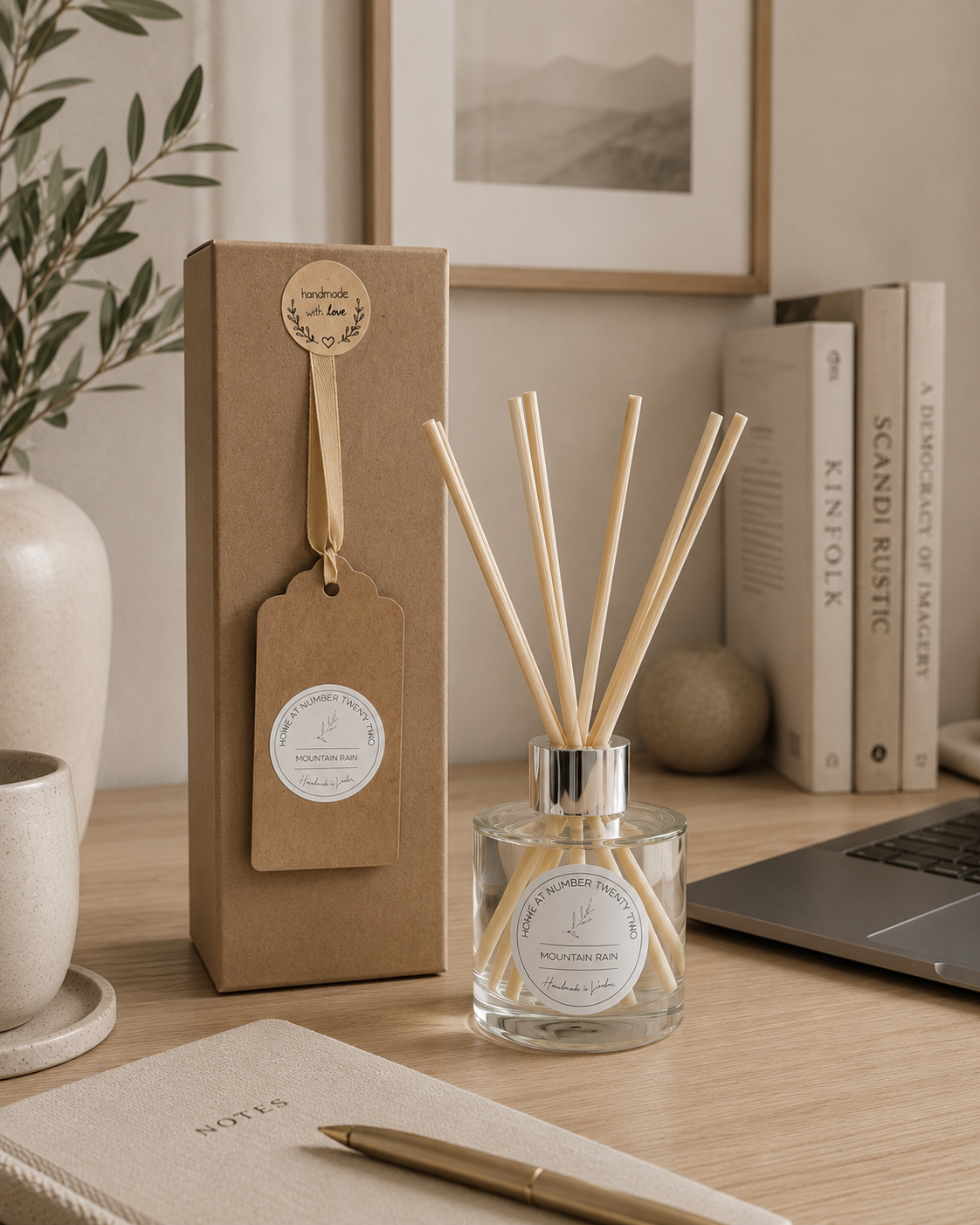 Mountain Rain Reed Diffuser with gift box styled on a home office desk, handmade luxury home fragrance for a calm and inviting workspace.