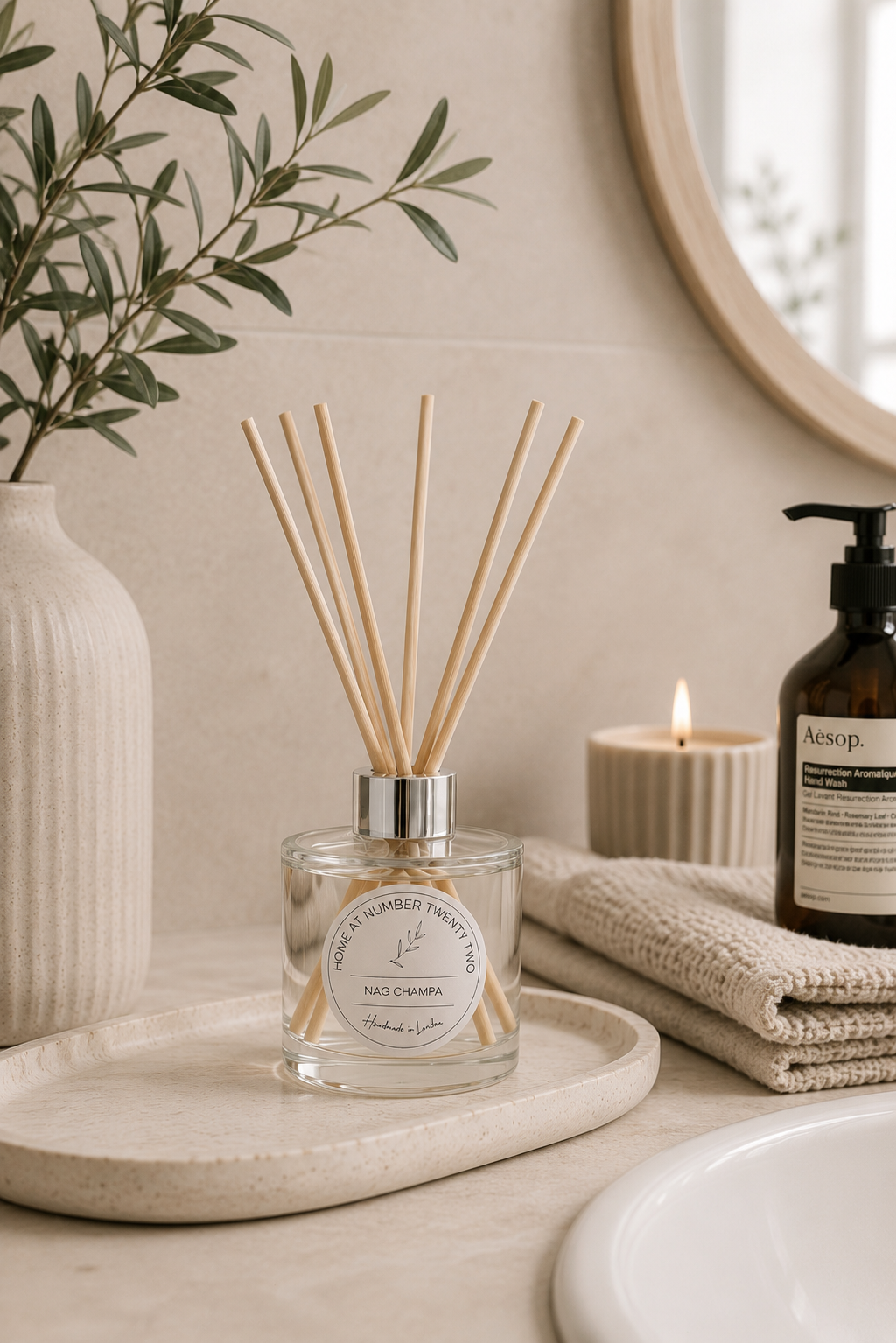 Nag Champa Reed Diffuser styled in a modern bathroom, creating a calm spa-inspired atmosphere with warm incense-inspired fragrance.