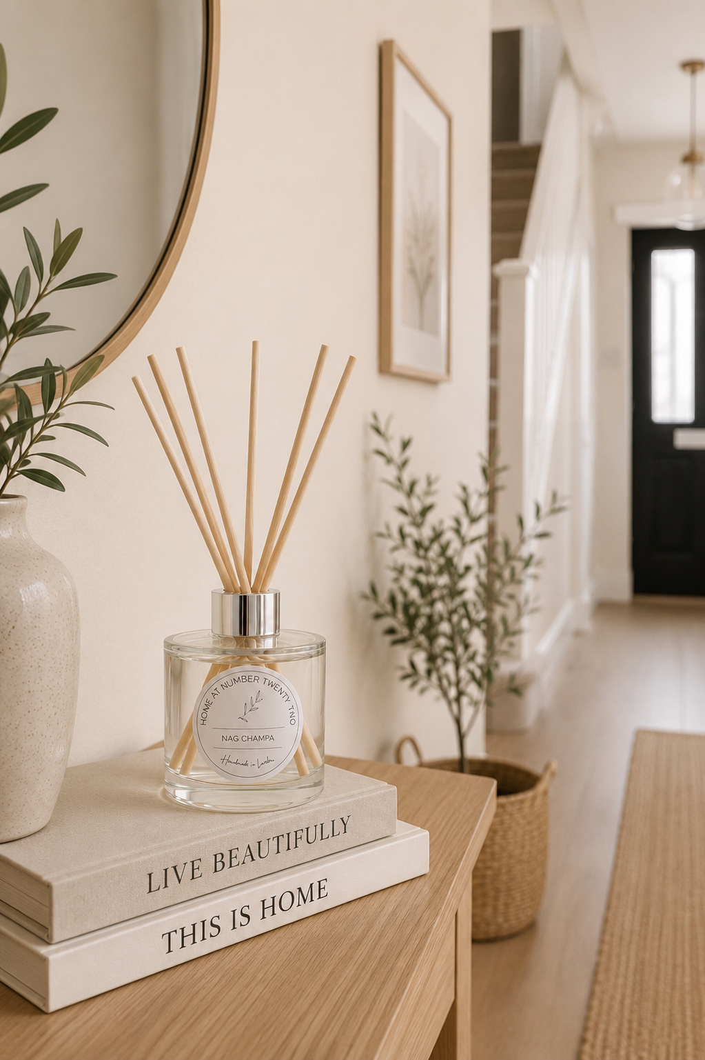 Luxury Nag Champa Reed Diffuser displayed on a hallway console table, bringing a warm and welcoming fragrance to your home.