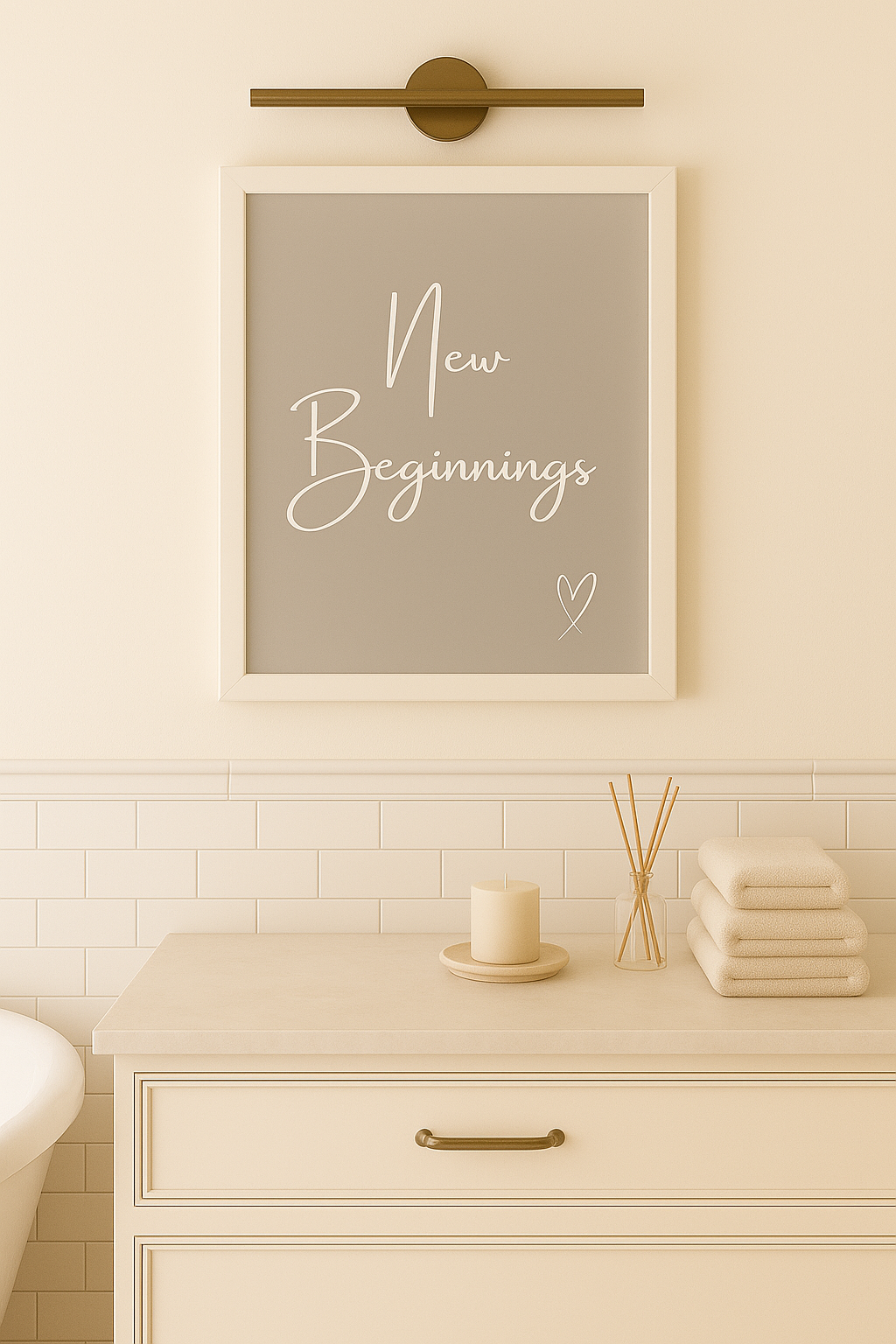 Framed artwork with 'New Beginnings' text in a bathroom setting
