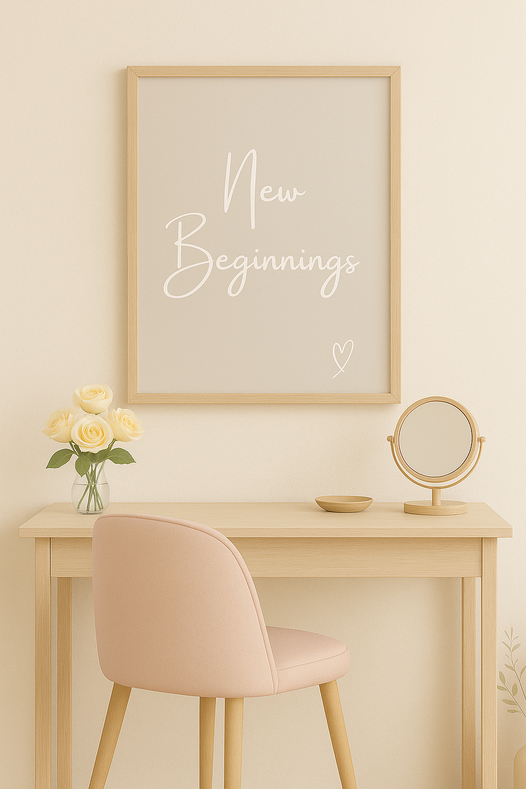 Wooden desk with pink chair, mirror, and vase of flowers against a beige wall with 'New Beginnings' poster.