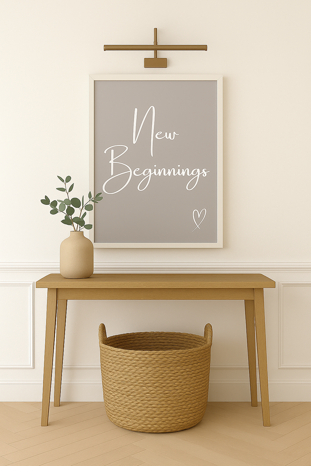 Wooden table with a woven basket and a plant, featuring a framed poster with 'New Beginnings' text on a wall.