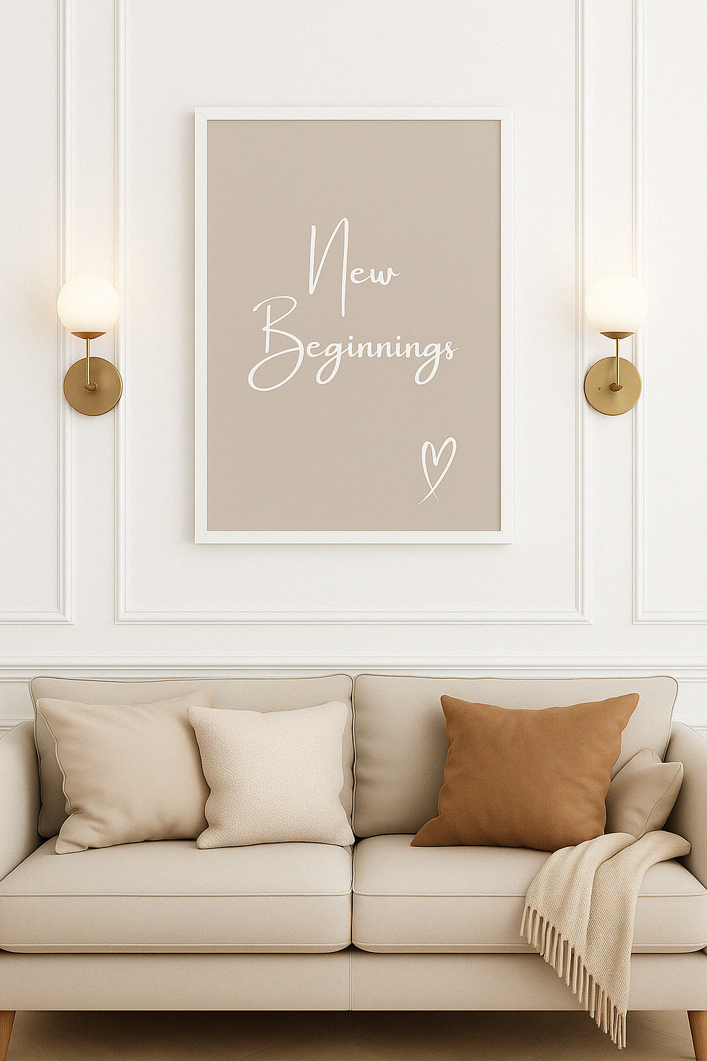 Poster with 'New Beginnings' text on a wall above a beige sofa.