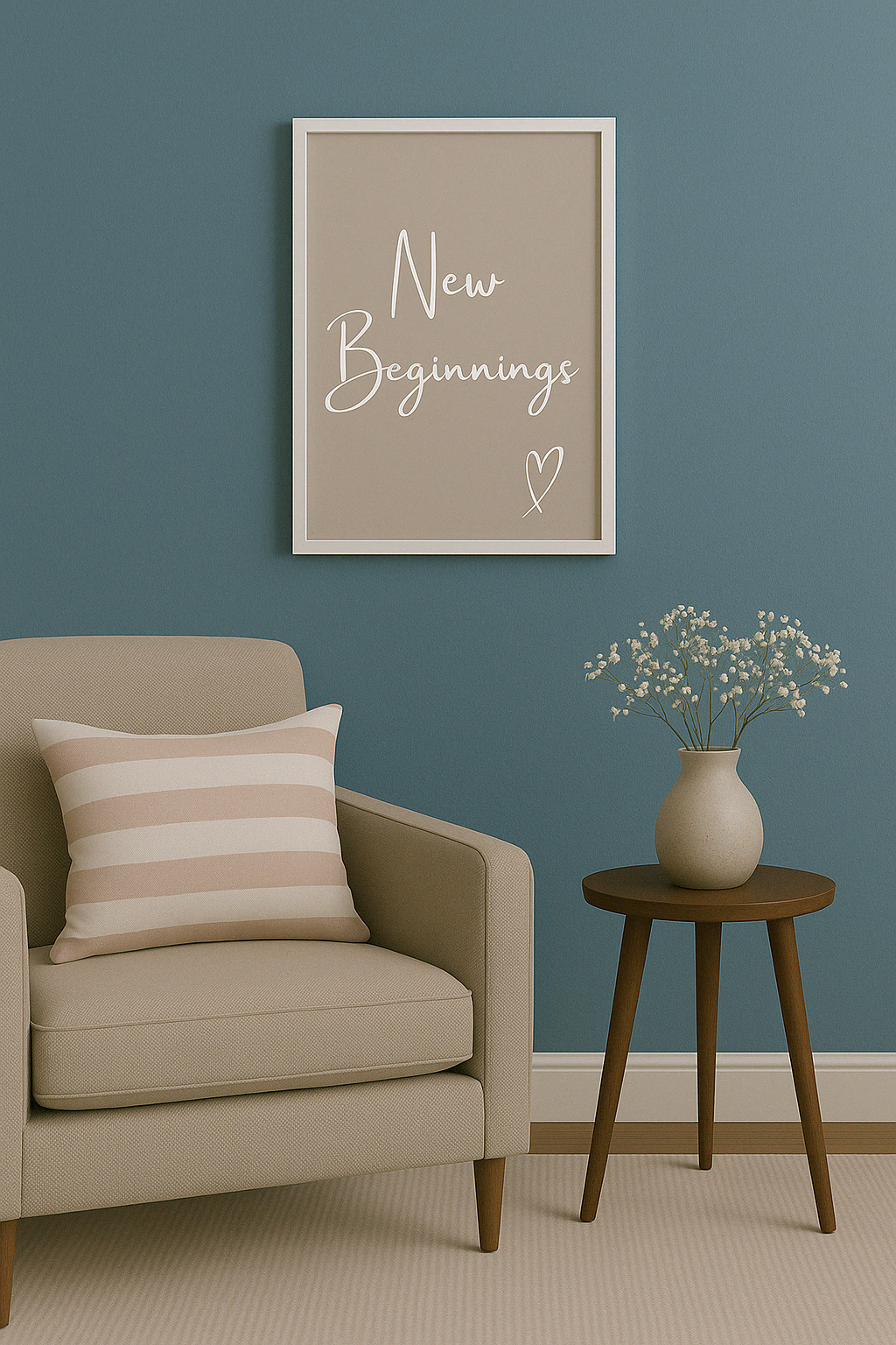 Beige armchair with striped pillow, small table with vase, and framed 'New Beginnings' art on blue wall.