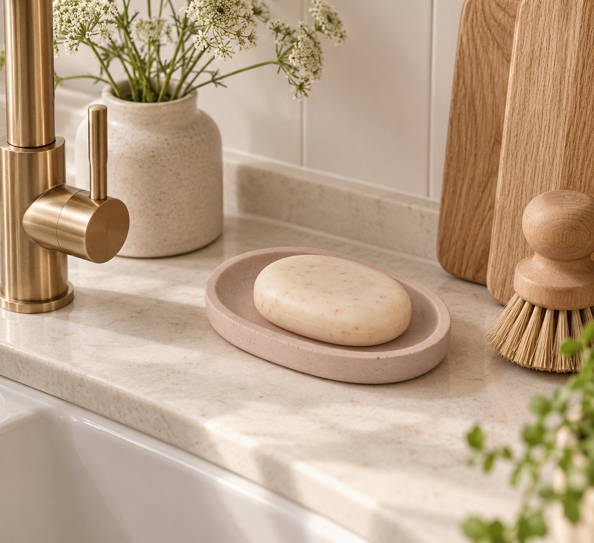 Handmade oval Jesmonite soap dish in pale pink with soap on a minimalist bathroom countertop