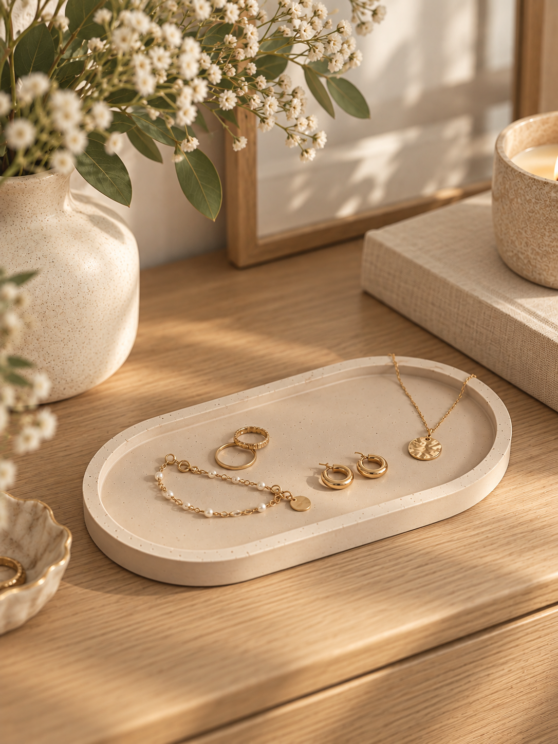 Pale Pink Jesmonite trinket tray holding gold jewellery on a natural wood bedside table with flowers