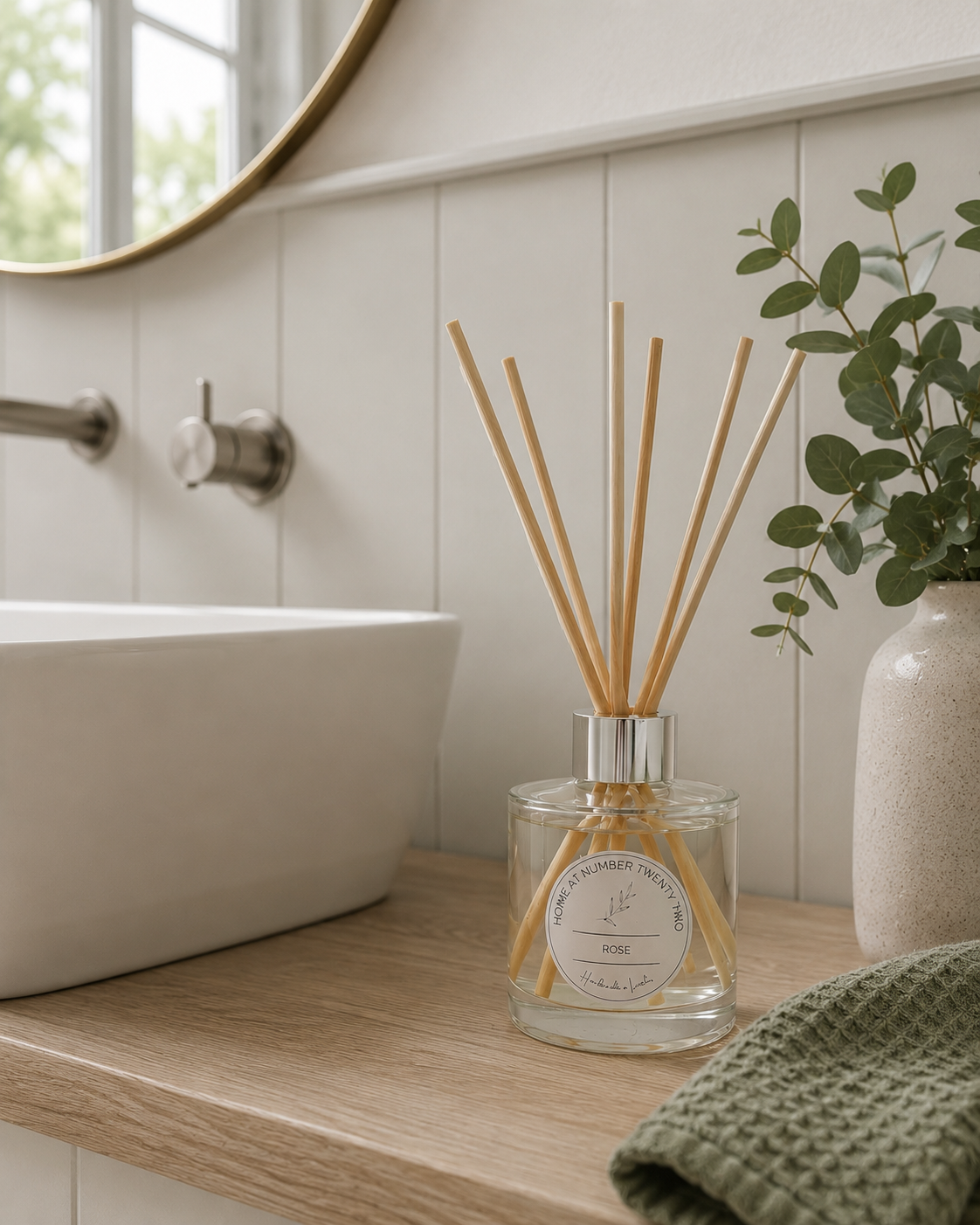 Luxury Rose Reed Diffuser styled in a contemporary bathroom, creating a fresh floral spa-inspired home fragrance.