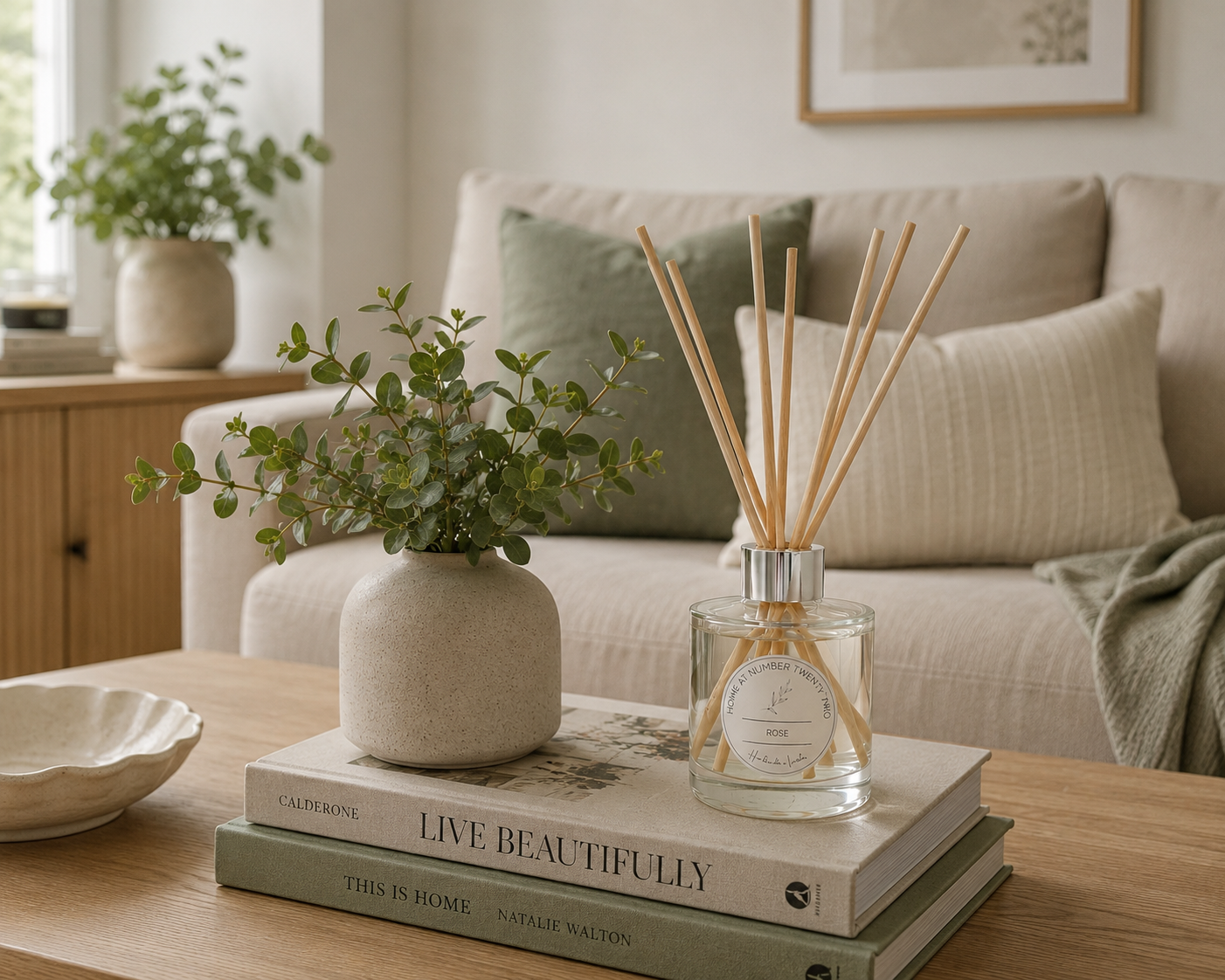 Luxury Rose Reed Diffuser styled on a coffee table in a modern living room, creating a welcoming floral home fragrance.